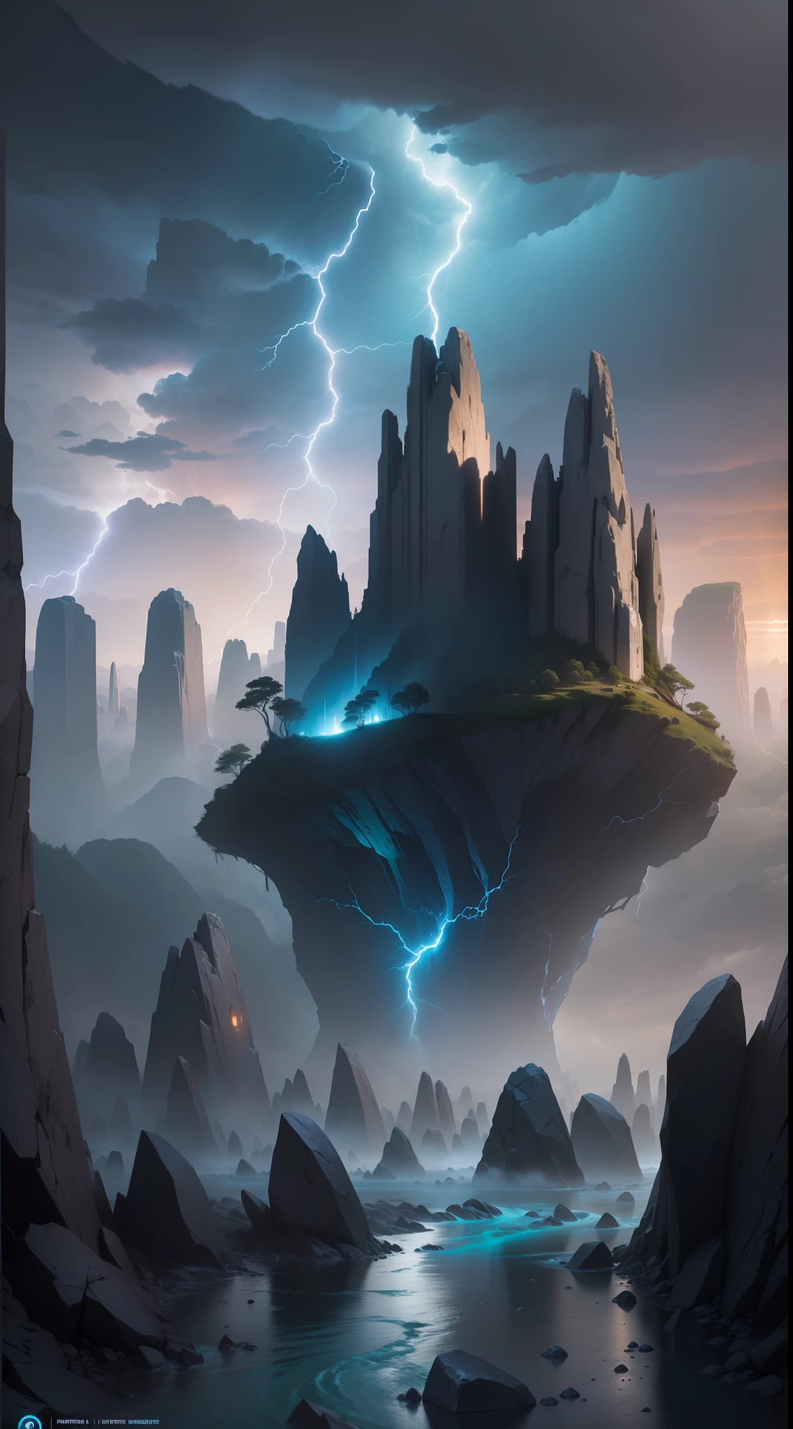 Very detailed detailed photos, ultraclear, Best image quality, highest resolution, Advanced, nmasterpiece, 16k, Ray tracing, Particle light,, A mysterious continent,A bizarre portal,(In the background is a huge stone forest),Lightning and thunder in the sky,Next to it is the rushing river