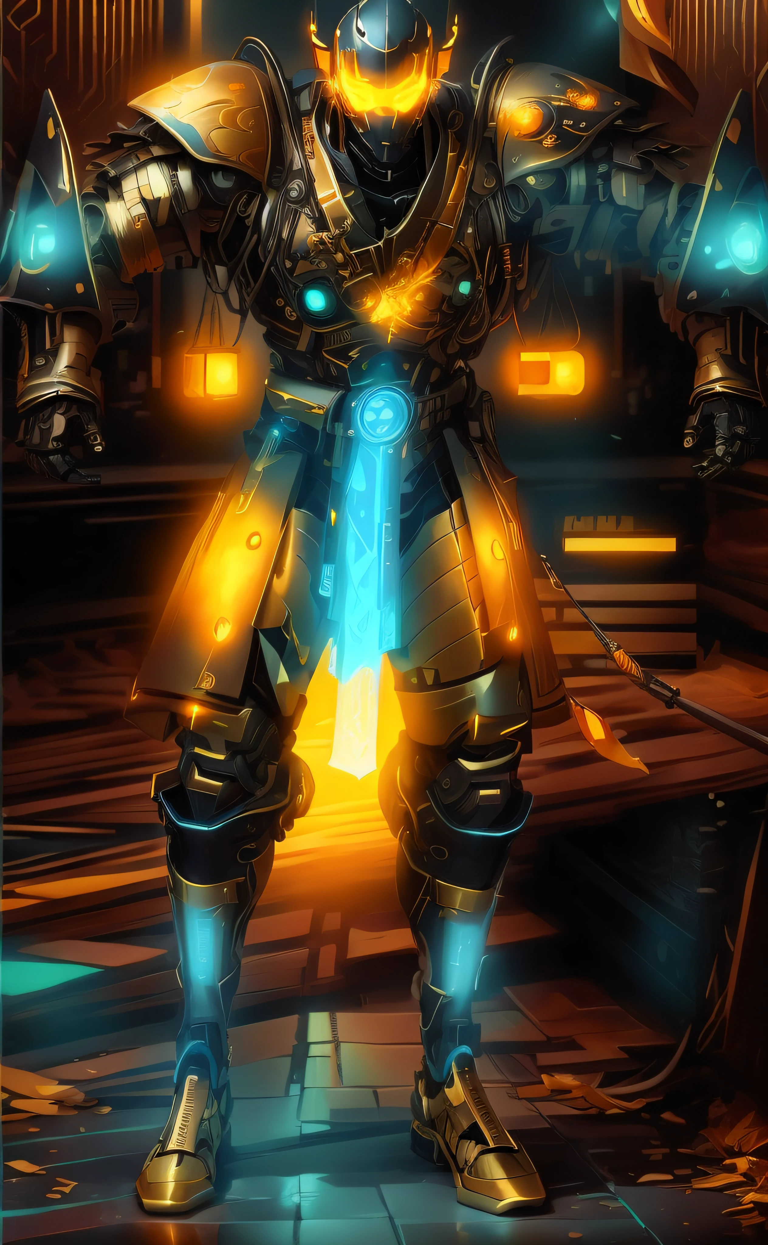 a close up of a robot with a glowing sword in a dark room, luzes brilhantes na armadura, intrincada armadura mecha brilhante, neon scales and cyborg tech, luz saindo da armadura, orange and cyan lighting, Traje de chama cyberpunk, clothed in cyber armour, Papel de parede solarpunk 4k, brilho cyberpunk brilhante, cybernetic flame armor