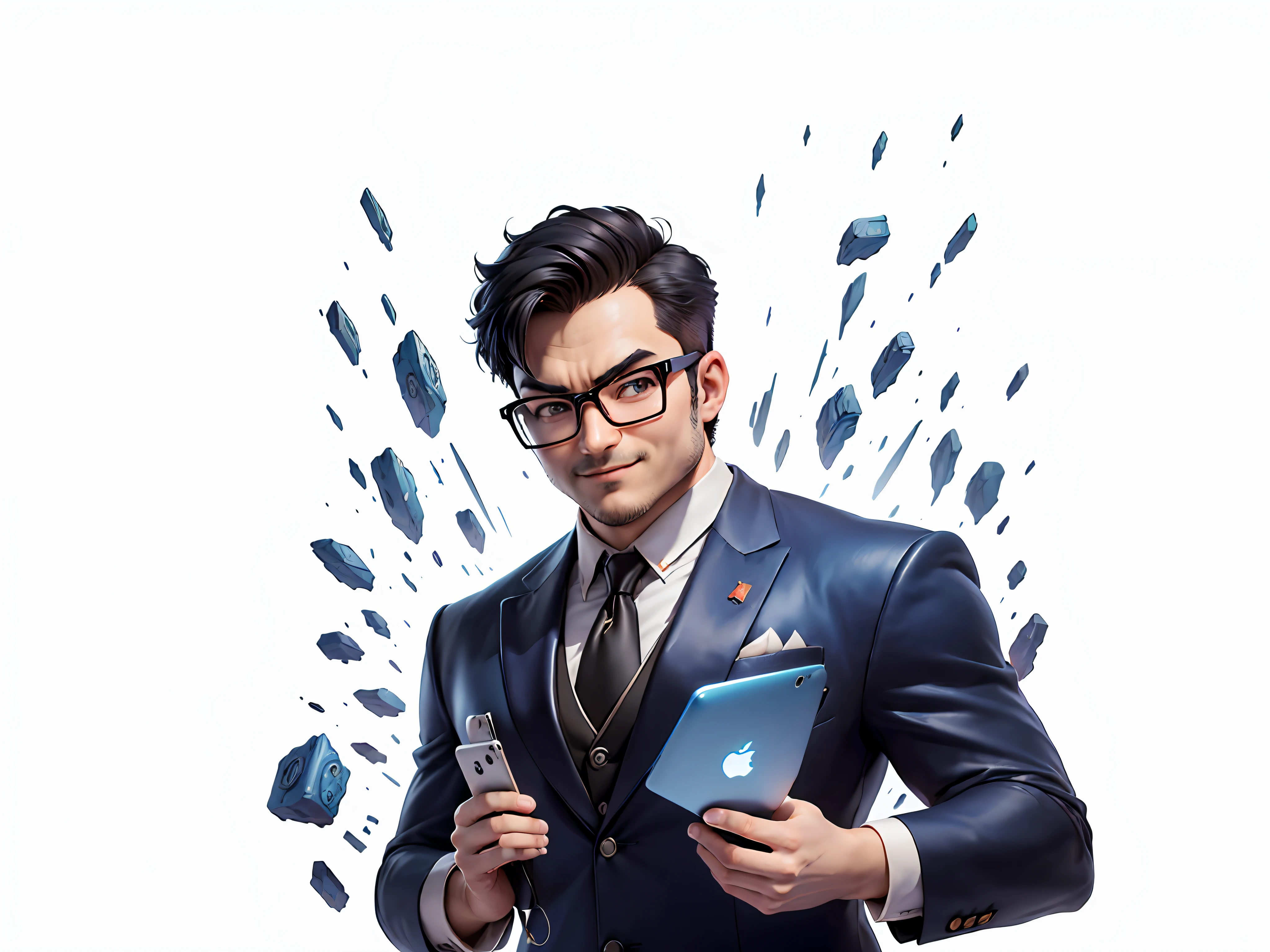 (((Masterpiece), (Excellent), (Super Meticulous), (Full Body: 1.2), Super Young Man, Oriental Face, Japanese Wind and Thunder God, Dragon, Tiger, TV Anchor, Bust Portrait Illustration, Alone, Black Formal Suit, Blue Tie, Slightly Chubby Face, Silver Glasses Face Very Clean No Beard, Black Super Short Hair, Black Eyes, Confident Smile, 3c Computer Sub-Products, iPad, iPhone, Digital Painting, 3D Character Design by Akira Toriyama and Mark Claireden and Pixar and Hayao Miyazaki, The illustration is a high-definition illustration in 4K resolution with very detailed facial features and cartoon-style visuals.