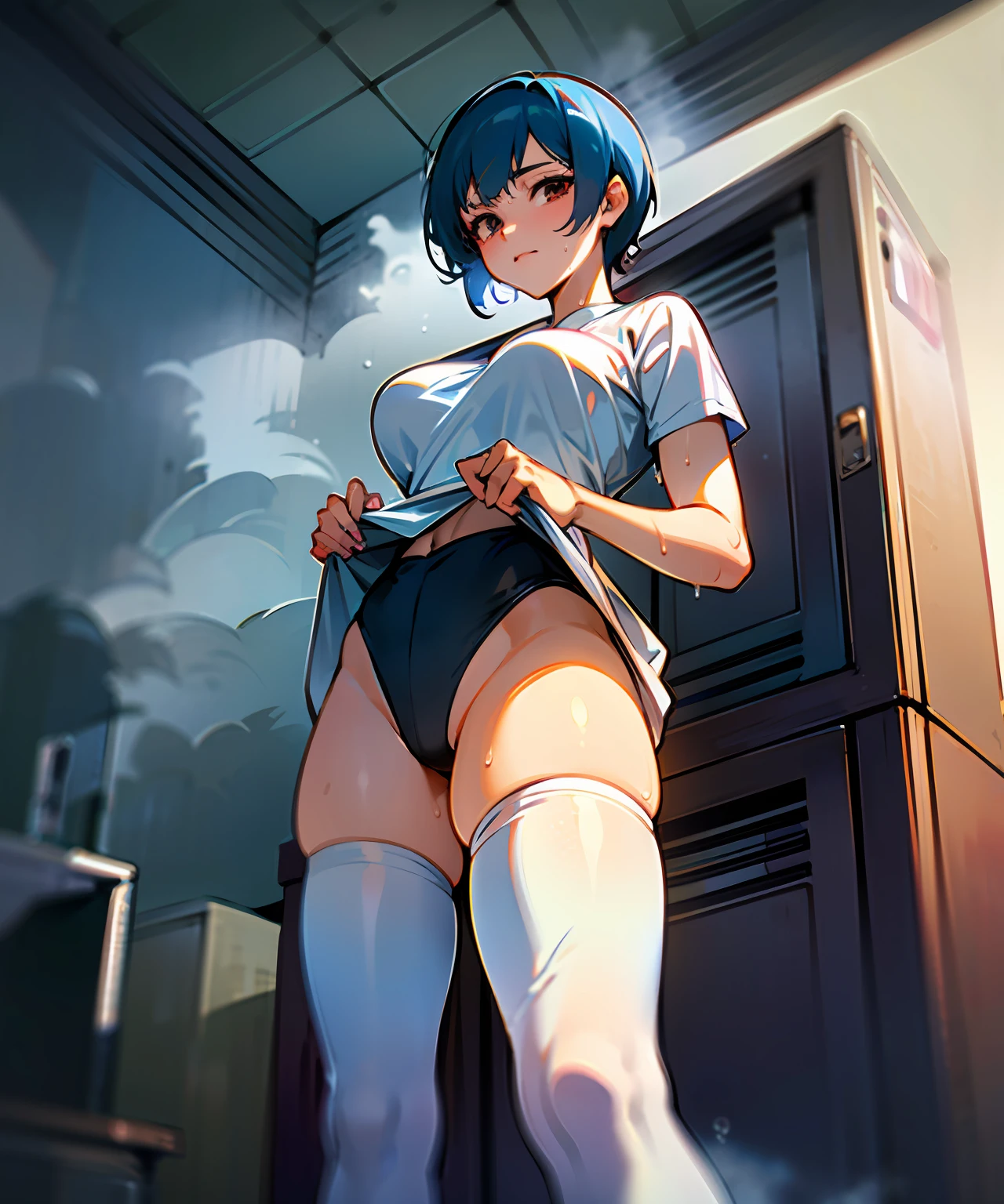 (8K, RAW photo, Masterpiece, Best_Quality, award_winning), (Close-up of the) beautiful mother in ((oversized shirt))), (((wet shirt))), (((upshirt))), ((enormous breast)), panties, ((White)), ((underbreasts)), (blue hair), hiroki (YYQW7151), ((Transparent)), ((white thigh-high socks)), ((from below)), ((lifted by self)), (looking at viewer), (innocent face), (Petite), (skinny waist), fit, (abs), (six-pack), (japanese locker room), (depth_wa_field), ((Heavy fog)),