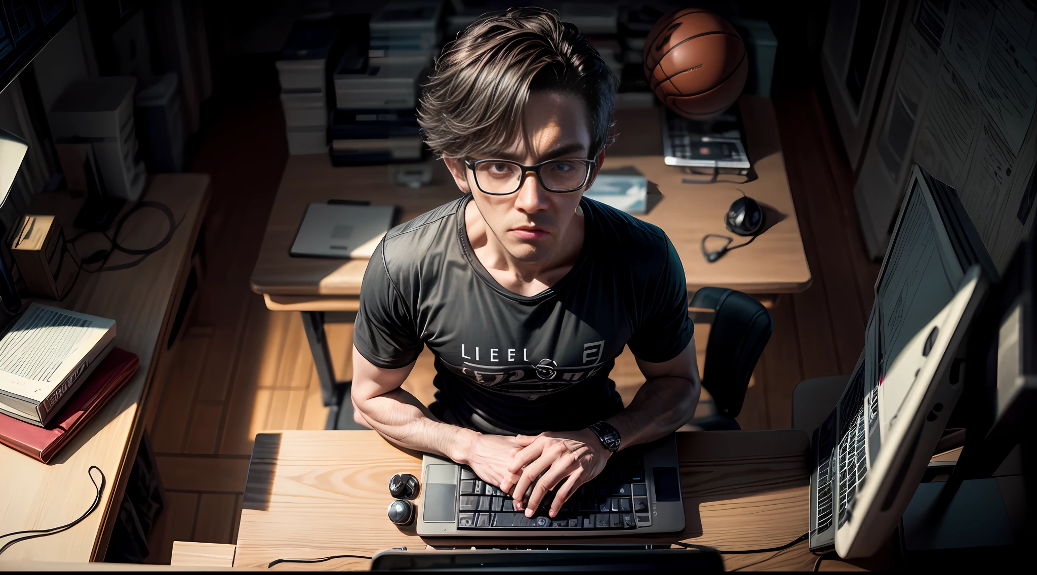 Top view. Nerd very thin man, uggly, basketball t-shirt, typing in a keyboard laptop, Big glasses, sitting, detailed eyes, detailed face, inside his lab,
, crazy scene from a movie, dramatic shooting angle, atmospheric particles,
Real, raw cinematic photorealism, action portrait, 8k, detailed, centered, full frame