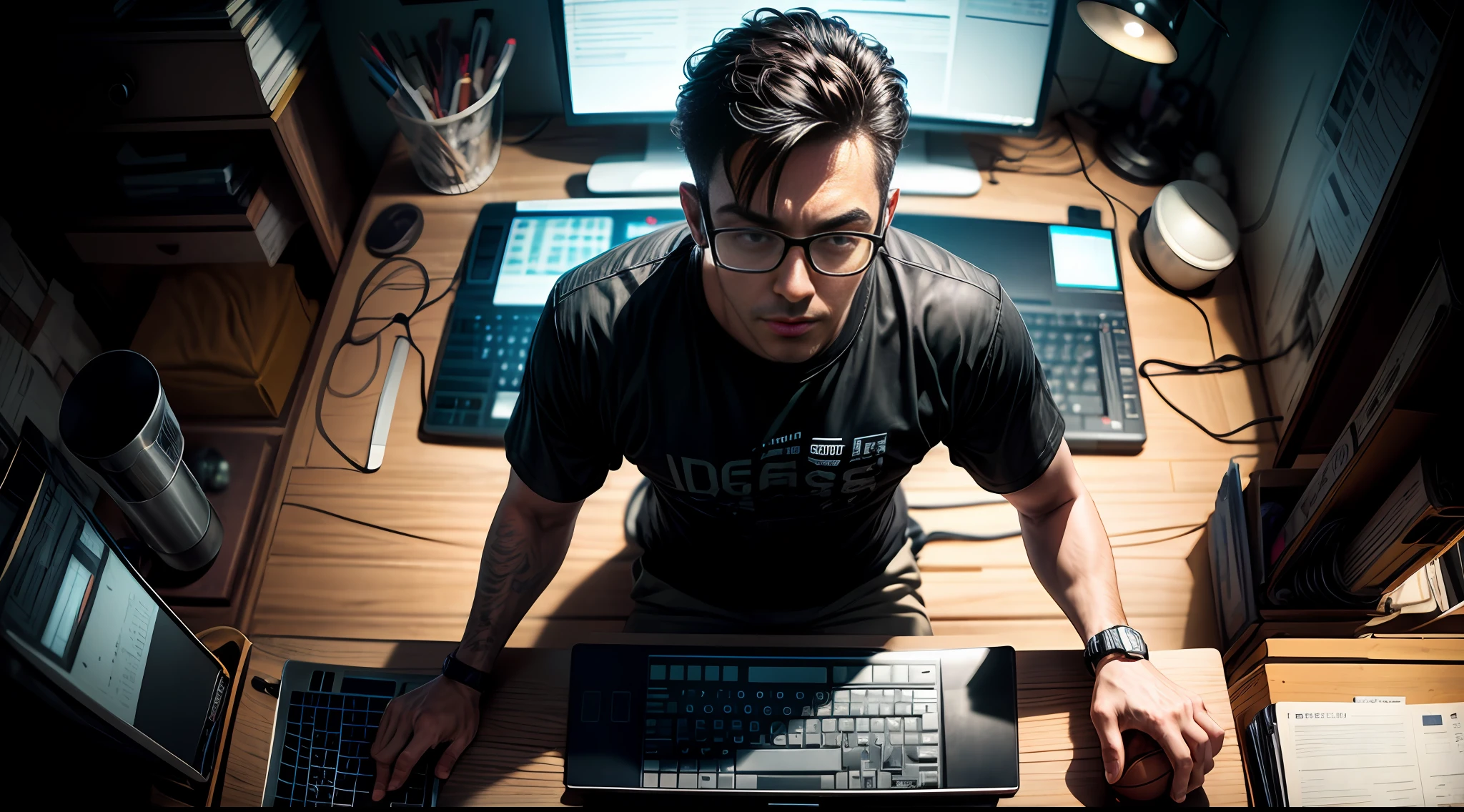 Top view. Nerd very thin man, uggly, basketball t-shirt, typing in a keyboard laptop, Big glasses, sitting, detailed eyes, detailed face, inside his lab,
, crazy scene from a movie, dramatic shooting angle, atmospheric particles,
Real, raw cinematic photorealism, action portrait, 8k, detailed, centered, full frame