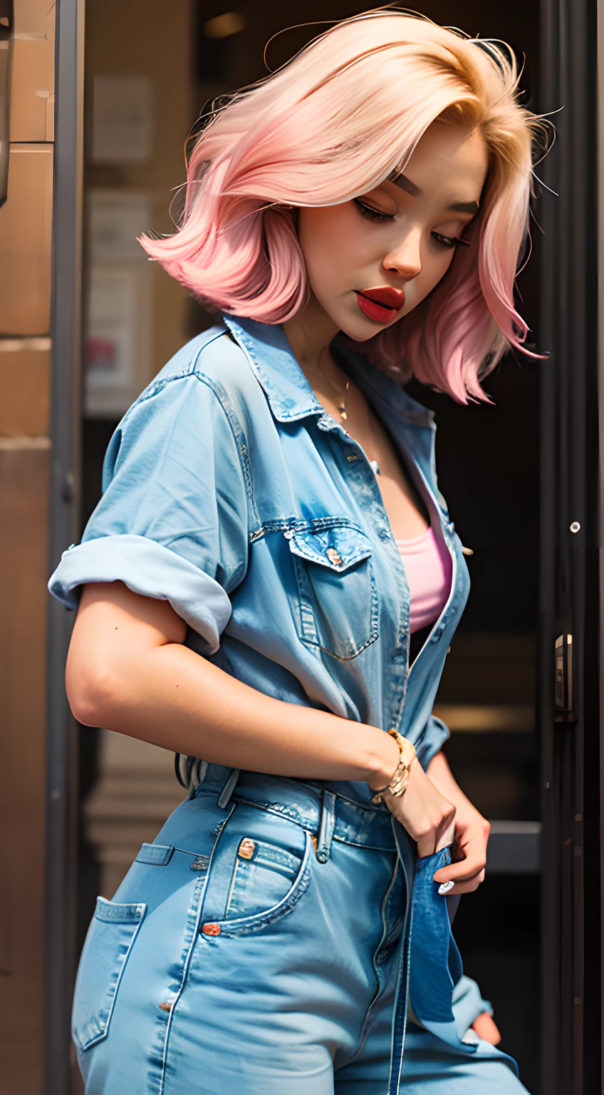 1garota com blusa rosa, denim jumpsuit, seios fartos, cabelo curto