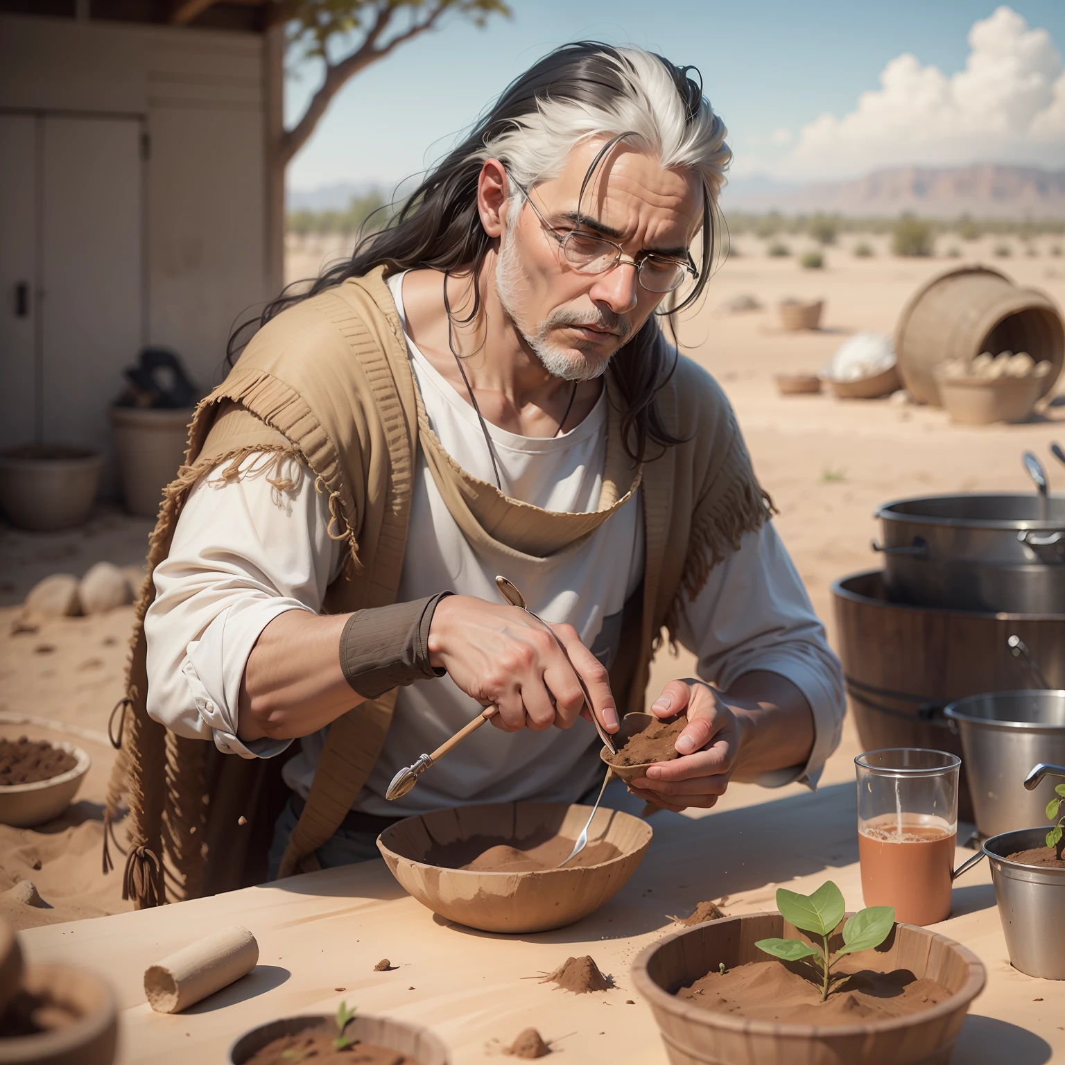 Generate portrait of man sowing seeds 2023 thousand years ago. Na mesma imagem passaros comendo estas sementes. imagem detalhista e ultrarealista