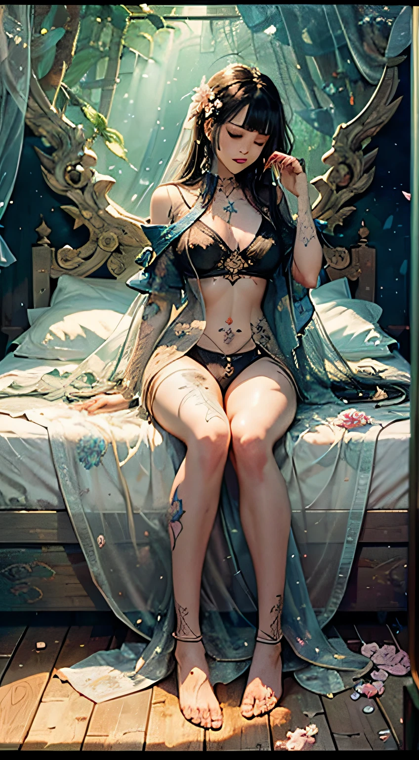 Sleeping Beauty, by Bella🦋 full body, beautiful girl sleeping, room with mirror, girl sleeping on bed and sheets, old clock and lamp on table, full body, black hair, Transparent clothing,open legs, view of pubic hair, 1 sexy girl in transparent forest clothes,exposed breasts, open transparent t-shirt,mandala and flower tattoos, La mejor calidad, Obra maestra, llustration, muy delicado y hermoso, muy detallado, CG, Unidad, Fondo de pantalla de 8k, ridiculous, huge filesize, lente muy ancha, Luz suave,Sleeping Beauty, by Bella🦋 full body, beautiful girl sleeping, full body, black hair, Transparent clothing, slight smile,, open legs, view of pubic hair, 1 sexy girl in transparent forest clothes,exposed breasts, open transparent t-shirt,mandala and flower tattoos, La mejor calidad,