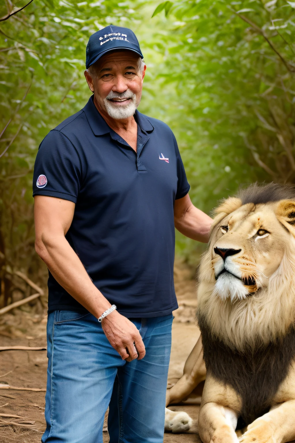 obra-prima, um homem careca barrigudo branco, brasileiro de 60 anos, obeso, CALVO , lion with mane,in an African forest petting a lion