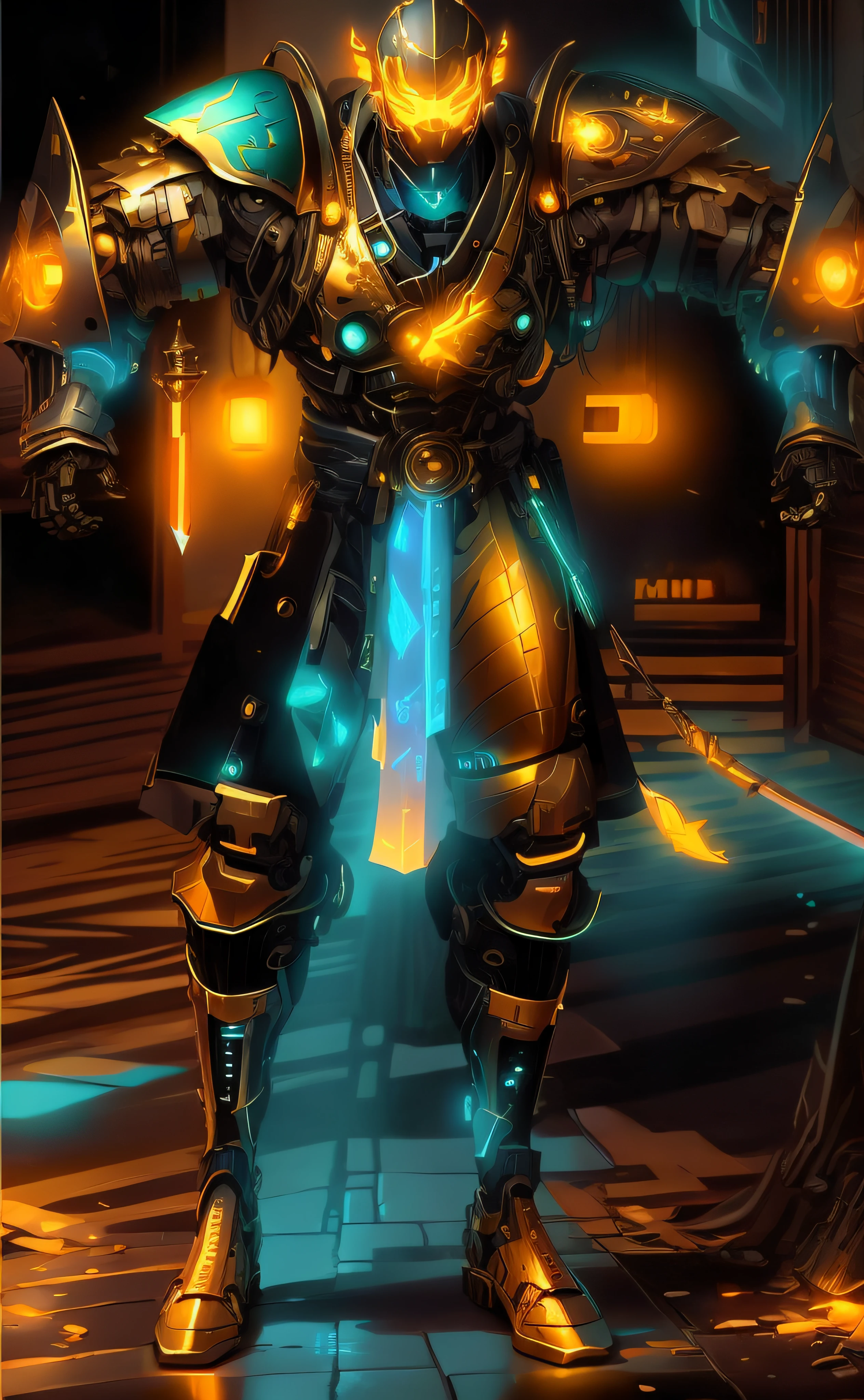 a close up of a robot with a glowing sword in a dark room, luzes brilhantes na armadura, intrincada armadura mecha brilhante, neon scales and cyborg tech, luz saindo da armadura, orange and cyan lighting, Traje de chama cyberpunk, clothed in cyber armour, Papel de parede solarpunk 4k, brilho cyberpunk brilhante, cybernetic flame armor
