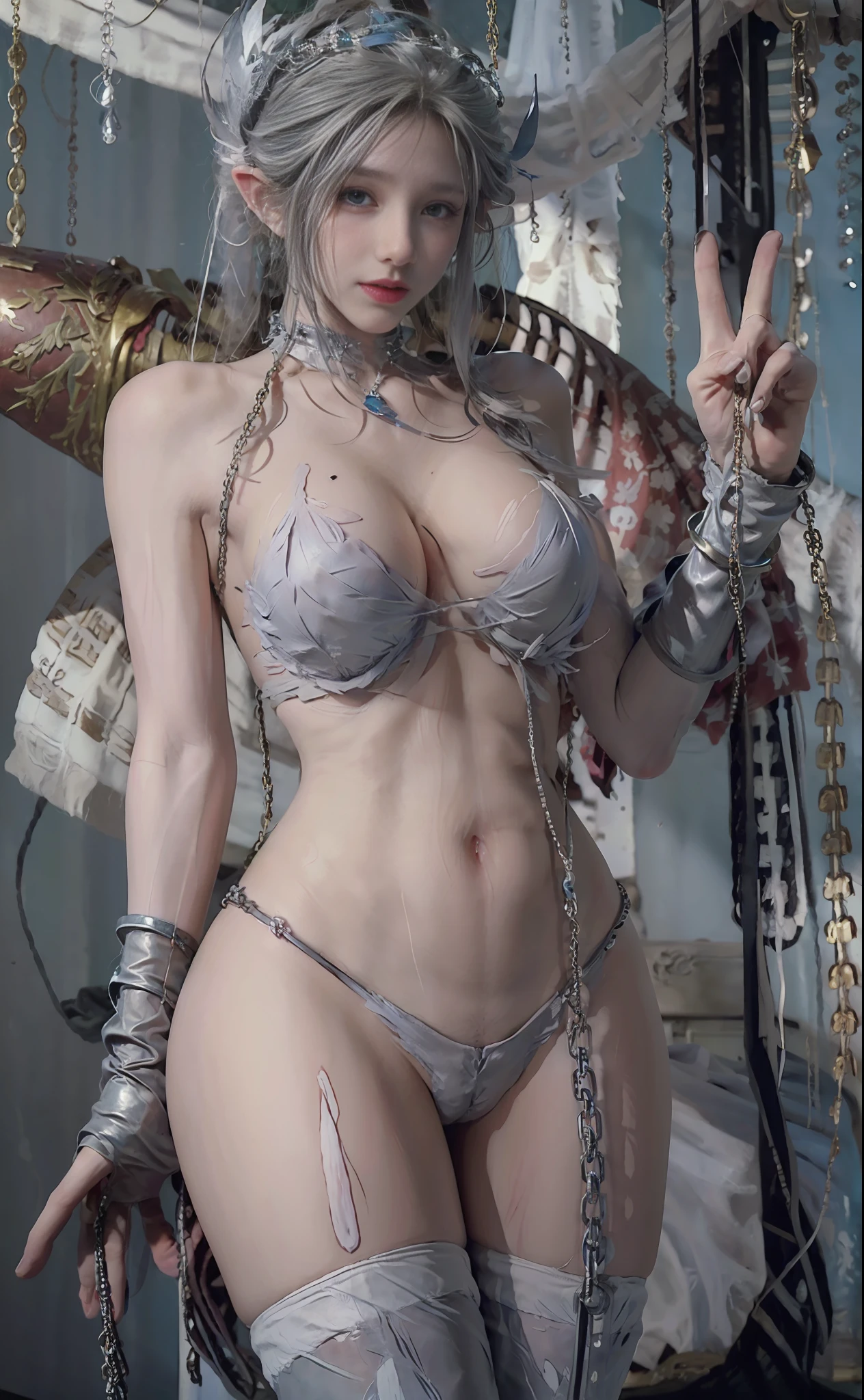 Photo,sharpness,Unique 850 4, Koda850 k portrait camera, F1.6 lens,hyper-realistic textures,spectacular light textures, Cinestil 800 Fashion Mechanics,(((Beautiful woman with left leg restrained and hung by chains))),(Tears flow, cry with pain),The lower breast area and the crotch area are torn,Hands are restrained behind the head by chains and shackles from the ceiling,Appearance,Beautiful girl with accentuated slender abs: 1.4,six-pack abs: 1.4, Bust Botox,Standing on tiptoe, long legs,Long brown hair fluttering in the wind,Brown hair, Long hair, Female Warrior Costume,((Wearing a torn sheer costume of a superheroine)),(No panties,No bra),(futuristic sci-fi battle fashion,elbow and knee cyberpad, cyberglove: 1.1),((Torn costume)),The belly comes out and the navel is visible,Thin sheer costume,The chest area is torn,metallic shoulder armor and combat gloves,shredded costumes,cyber long combat boots with golden knee pads,Anatomical,(futuristic sci-fi battle fashion, cracked elbow and knee cyberpads, torn cyberlong boots, torn cybergloves: 1.1),((straddling the iron bar)),(tied perfectly by iron chain), Restraint, Slave, collars, contempt, (Chained), ((Hands tied behind the back)), 4 chains hung from heaven, Metallic shackles and fetters, wet crotch clearly visible,((Hands are restrained above the head)), the neck is chained,Chain from left knee to heaven,Chained by rusty iron chains,((Chains over clothes)),((the tip is protruding, areolas protruding,The shape of the pubic area is clearly visible)),Sweating,Wet,Wet crotch,Wet thighs,bloods,Junkyard, blood splattered, Realistic, (bruises, dirty, Ripped clothes, skimpy clothes, Blood: 1.3), broken shields and battle spears,(((A drill for drilling holes with four pointed fingers is directed towards the bodydrill splits the ground and extends upward towards the crotch))) ,Vast prison,((wide prison with sunlight)), peeling ceilings, broken slabs, Rebar between cracks, Realistic material details, Extreme details,
