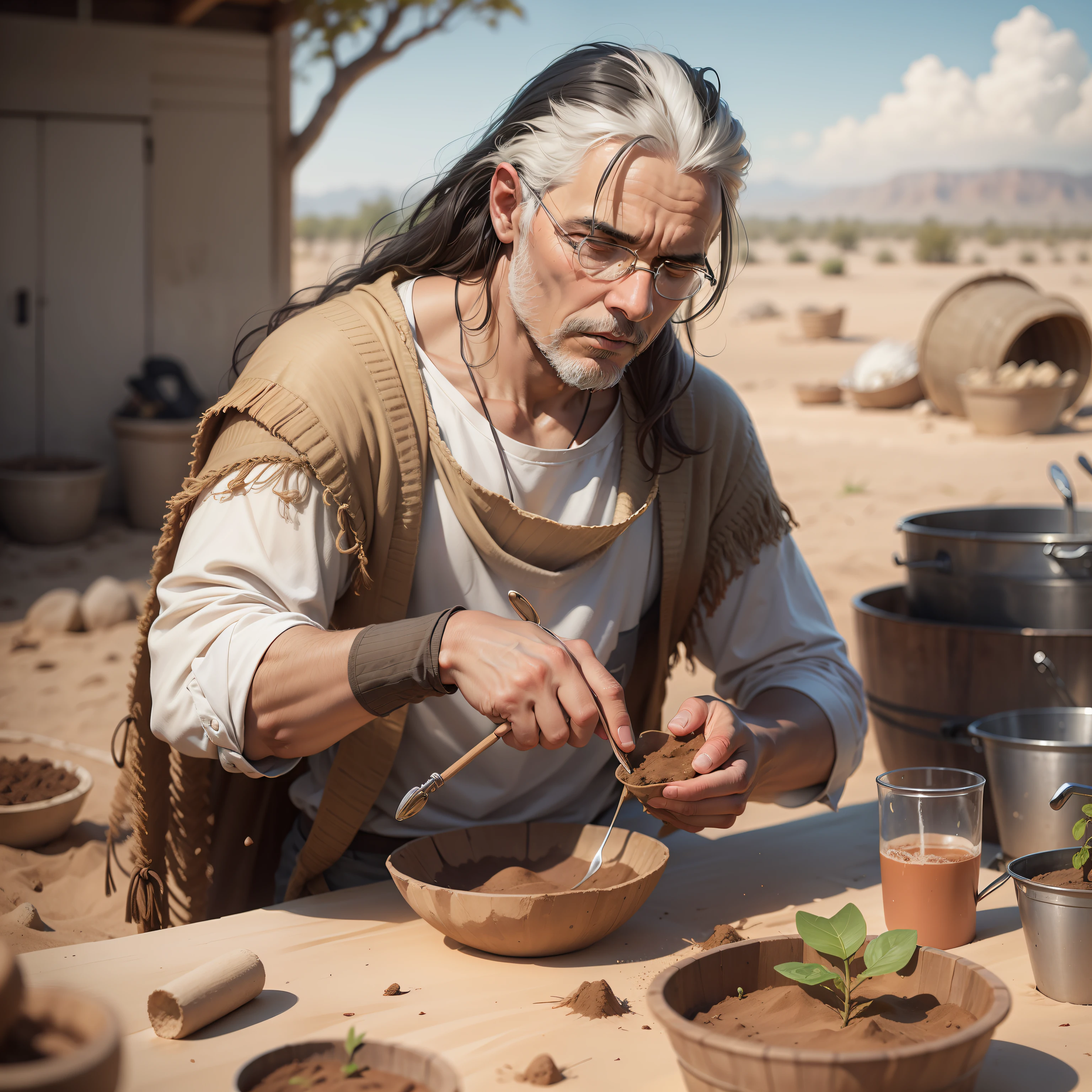 Generate portrait of man sowing seeds 2023 thousand years ago. Na mesma imagem passaros comendo estas sementes. imagem detalhista e ultrarealista