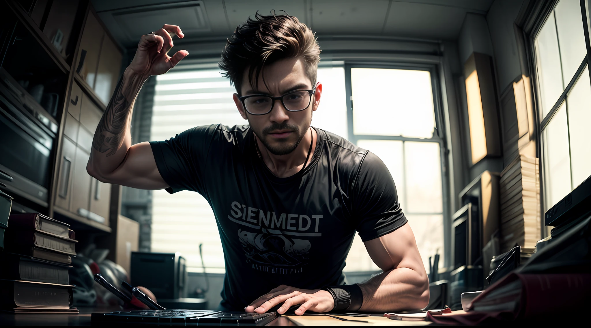 Vista superior. Nerd hombre muy delgado, feo, Camiseta de baloncesto, typing in a keyboard laptop, Gafas grandes, sentada, ojos detallados, Cara detallada, Dentro de su laboratorio,
, crazy scene from a movie, dramatic shooting angle, atmospheric particles,
real, raw cinematic photorealism, action portrait, 8k, Detallado, centrado, fotograma completo
