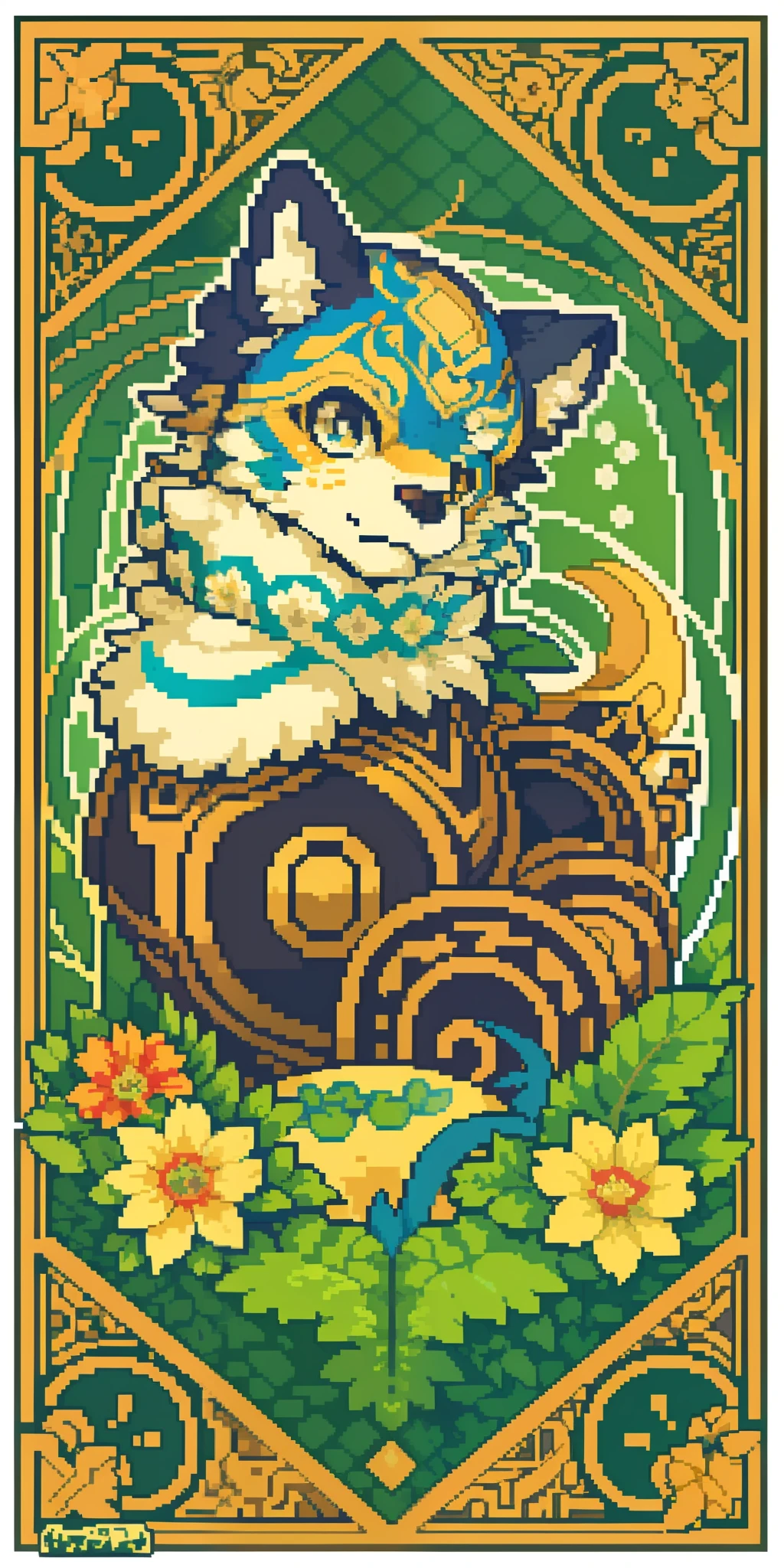 top quality, best quality, logo mark, stamp, Geometric pattern, vector-art, High-quality illustrations by Alfons Mucha, masterpiece(kemono, furry anthro)flower, pixel art,