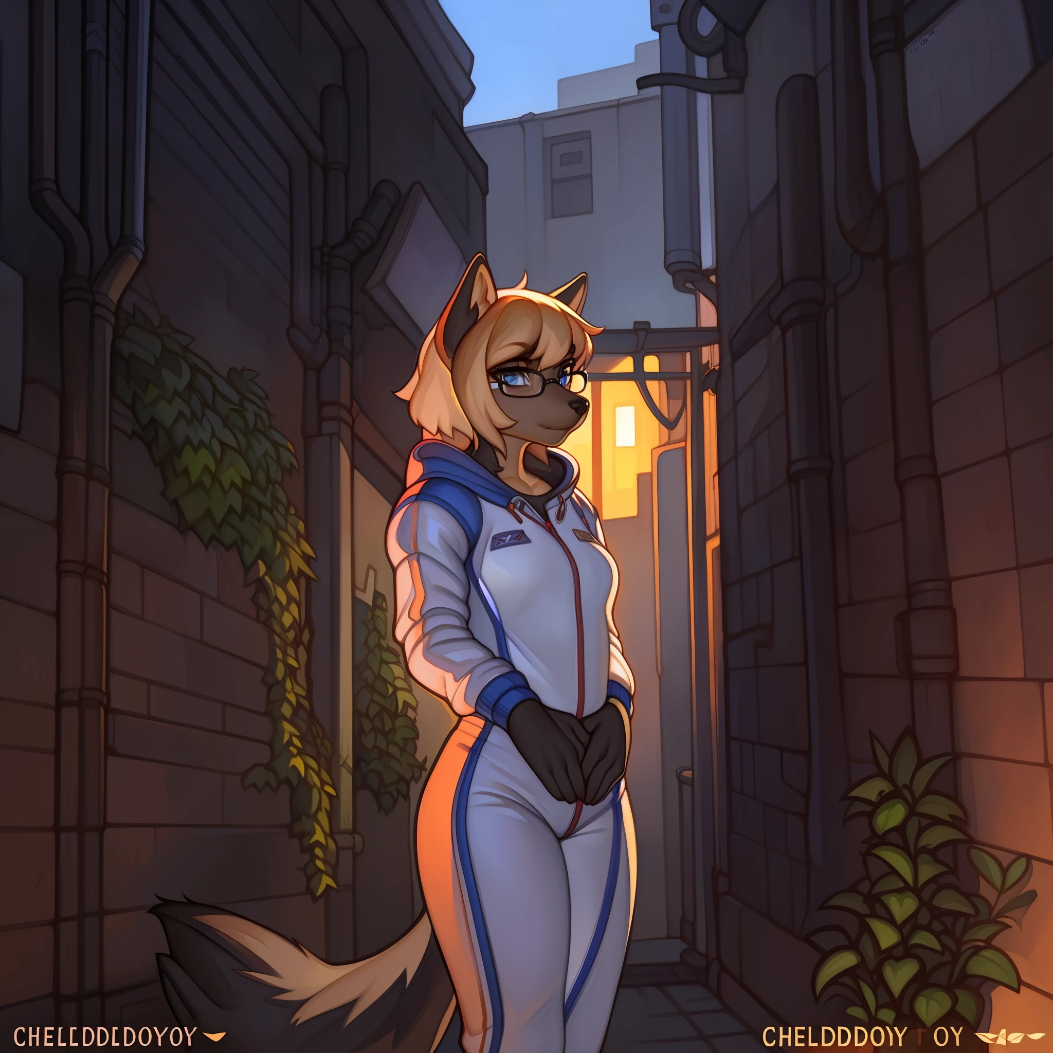 Solo, female, standing, (((by chelodoy))), canine, snout, long snout, glasses, black fur, black body, blue eyes, detailed eyes, detailed hands, white spacesuit, alleyway, plants, golden hour, tan hair, medium hair, bangs, fringe, five fingers, well drawn hands,