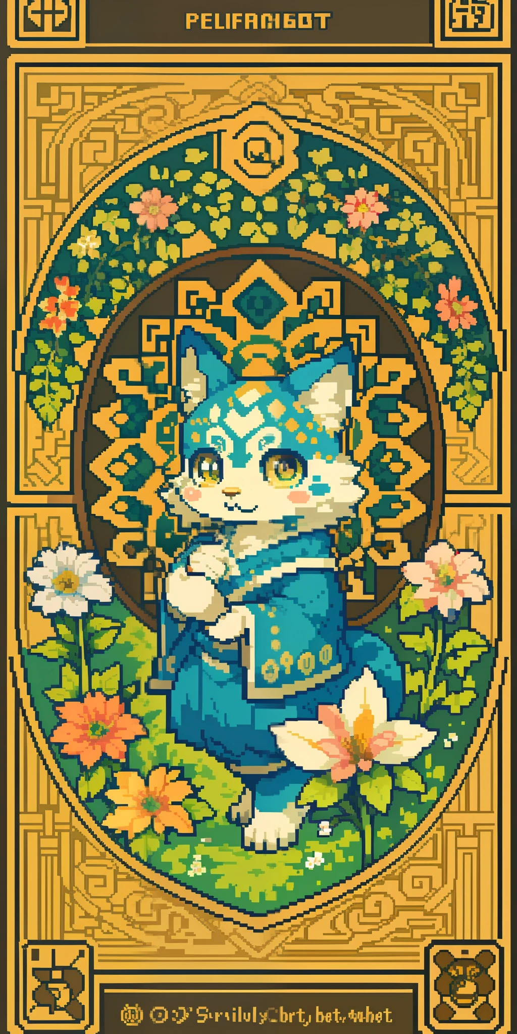 top quality, best quality, logo mark, stamp, Geometric pattern, vector-art, High-quality illustrations by Alfons Mucha, masterpiece(kemono, furry anthro)flower, pixel art,