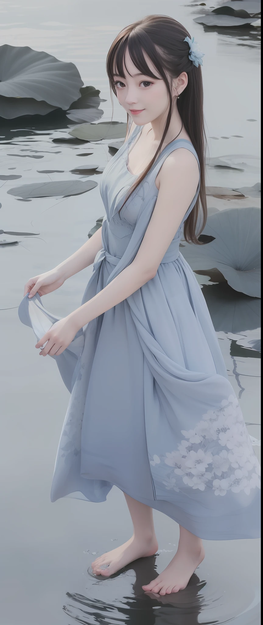 ((4k,masterpiece,best quality)), shuimobysim, traditional chinese ink painting, lotus, hanfu, maxiskit, dress conservatively 1girl, solo, long blue hair, smile, standing, feet in the water, barefoot,