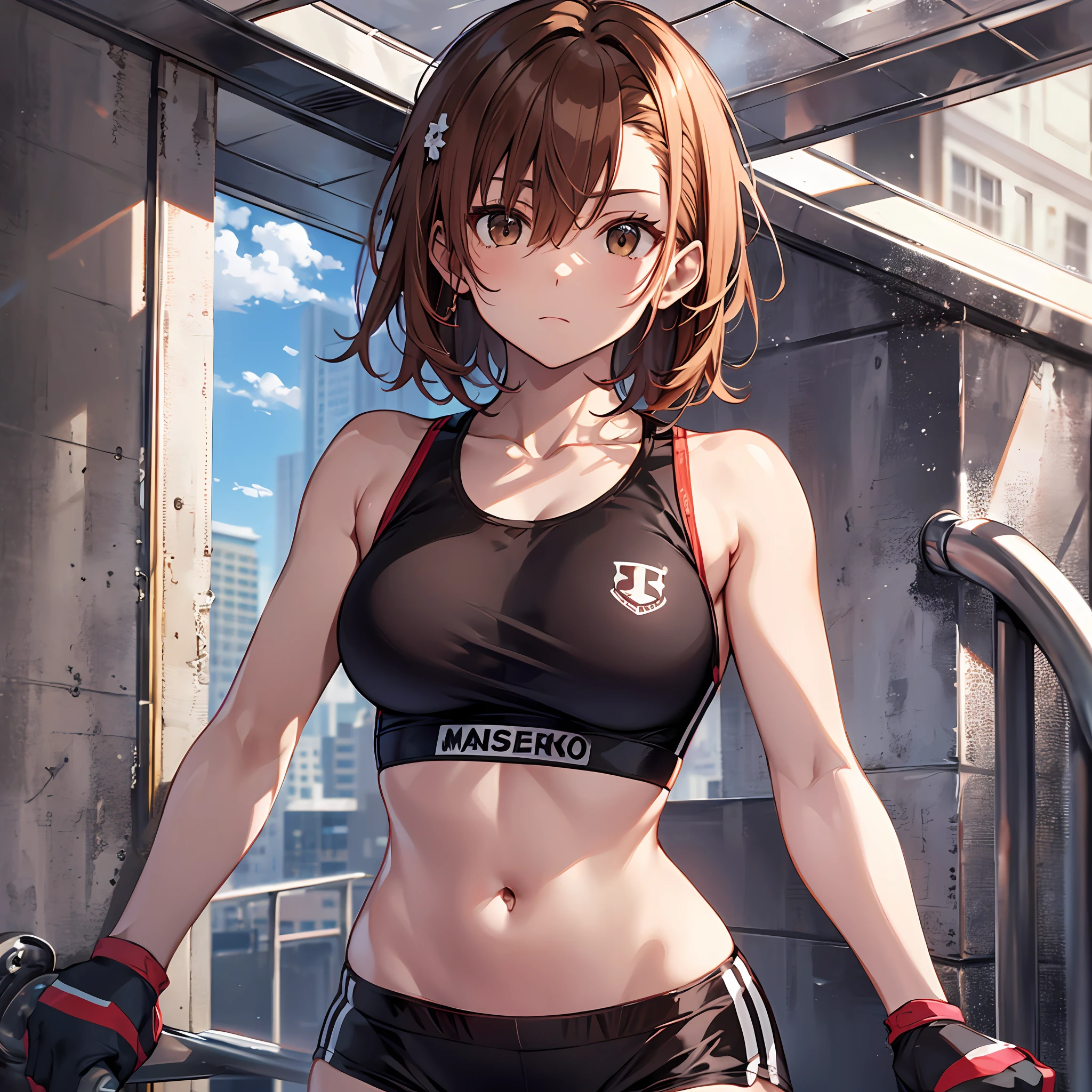 A masterpice, 4K, of the best quality, Misaka_mikoto ribbon from, Sports Bra, Latex Shorts, are standing, arms folded,、cool expression Beautiful gym, brown-eyed, Short_hair, Small_Breast, looking at the viewers