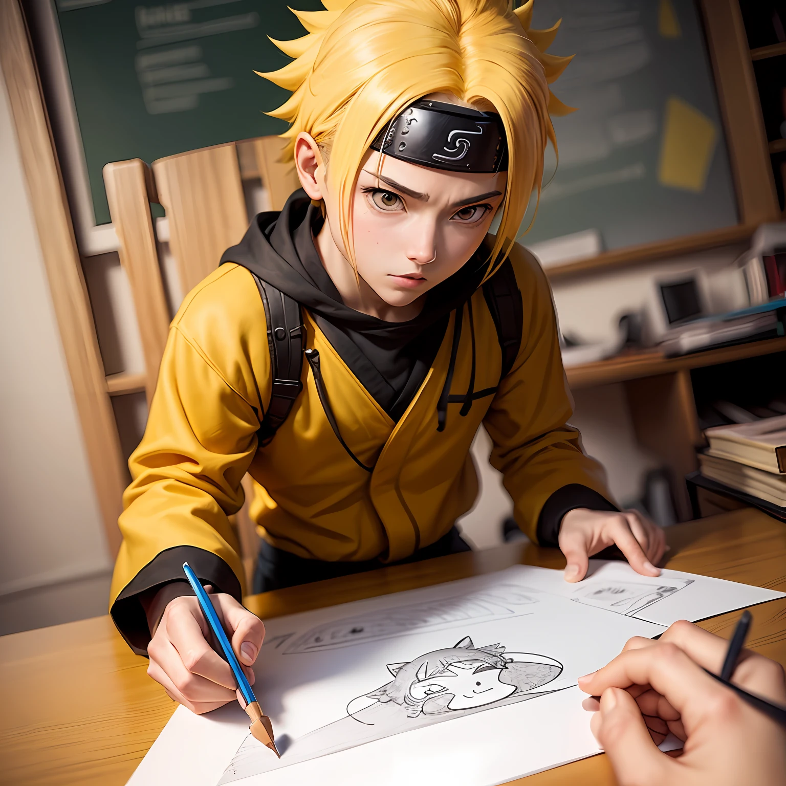 Naruto, doing the action of drawing, olhando para o espectar, no estilo chibi --auto