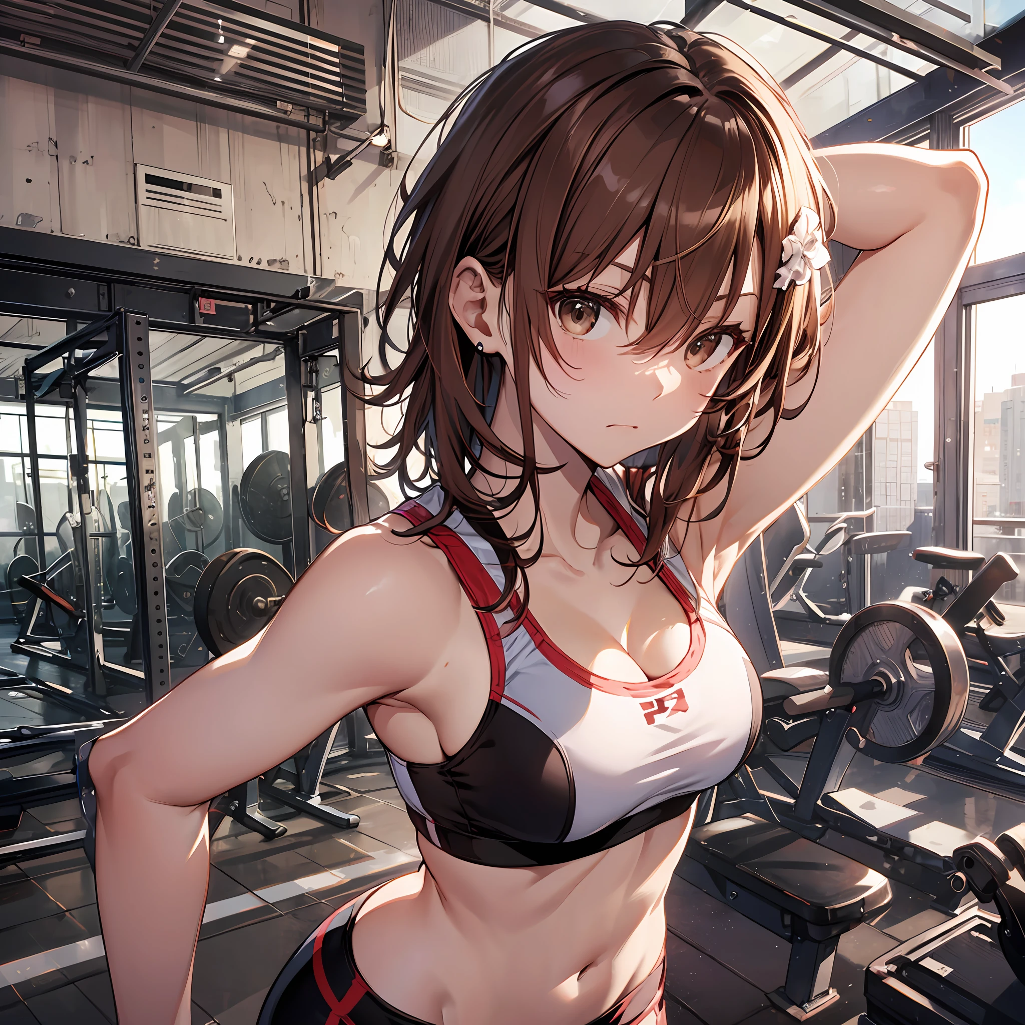 A masterpice, 4K, of the best quality, Misaka_mikoto ribbon from, Sports Bra, Latex Shorts, are standing, arms folded,、cool expression Beautiful gym, brown-eyed, Short_hair, Small_Breast, looking at the viewers