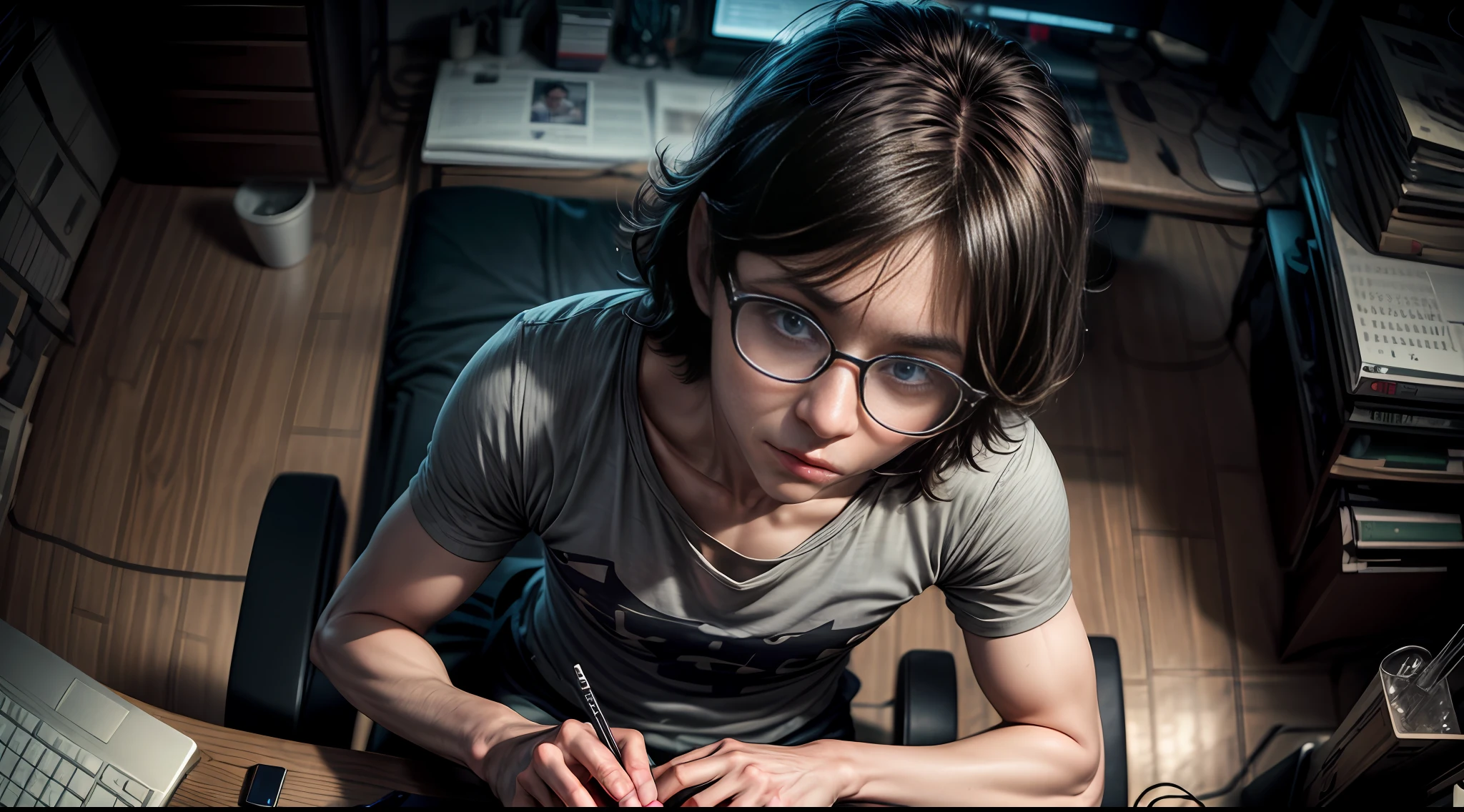Top view. Nerd very thin man, uggly, t-shirt, typing in a keyboard laptop, Big glasses, sitting,  detailed eyes, detailed face, inside his lab, 
, crazy scene from a movie, dramatic shooting angle, atmospheric particles,
Real, raw cinematic photorealism, action portrait, 8k, detailed, centered, full frame