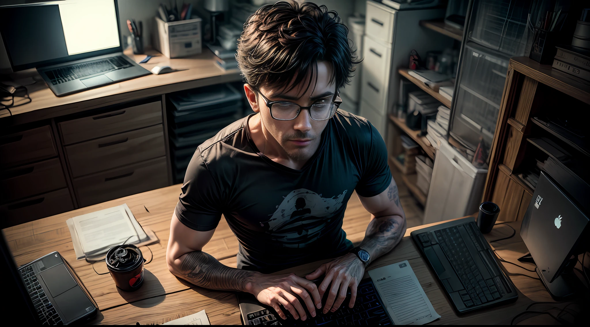 Top view. Nerd very thin man, uggly, t-shirt, typing in a keyboard laptop, Big glasses, sitting,  detailed eyes, detailed face, inside his lab, 
, crazy scene from a movie, dramatic shooting angle, atmospheric particles,
Real, raw cinematic photorealism, action portrait, 8k, detailed, centered, full frame