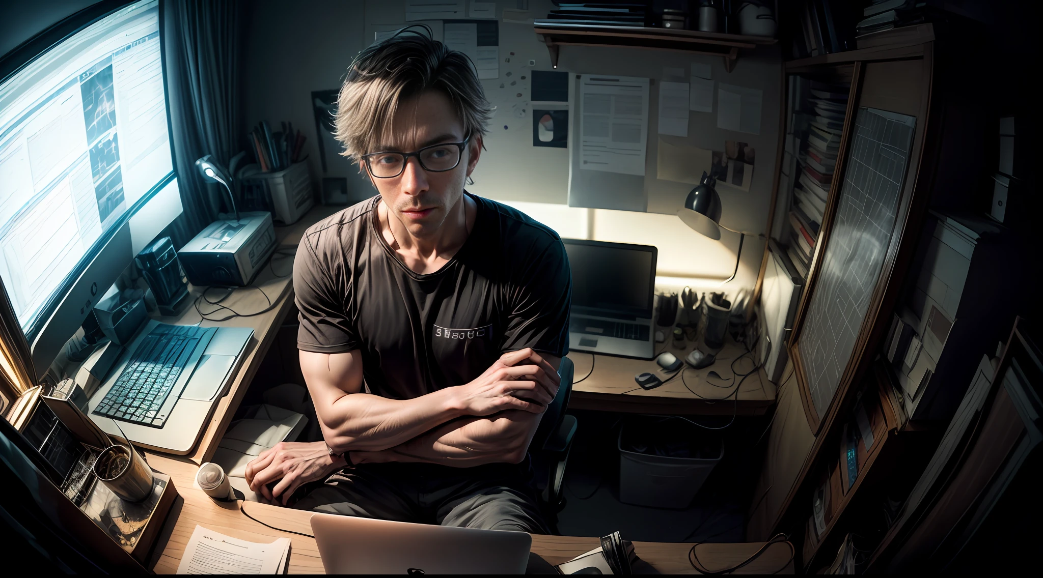 Top view. Nerd very thin man, uggly, t-shirt, typing in a keyboard laptop, Big glasses, sitting, detailed eyes, detailed face, inside his lab,
, crazy scene from a movie, dramatic shooting angle, atmospheric particles,
Real, raw cinematic photorealism, action portrait, 8k, detailed, centered, full frame