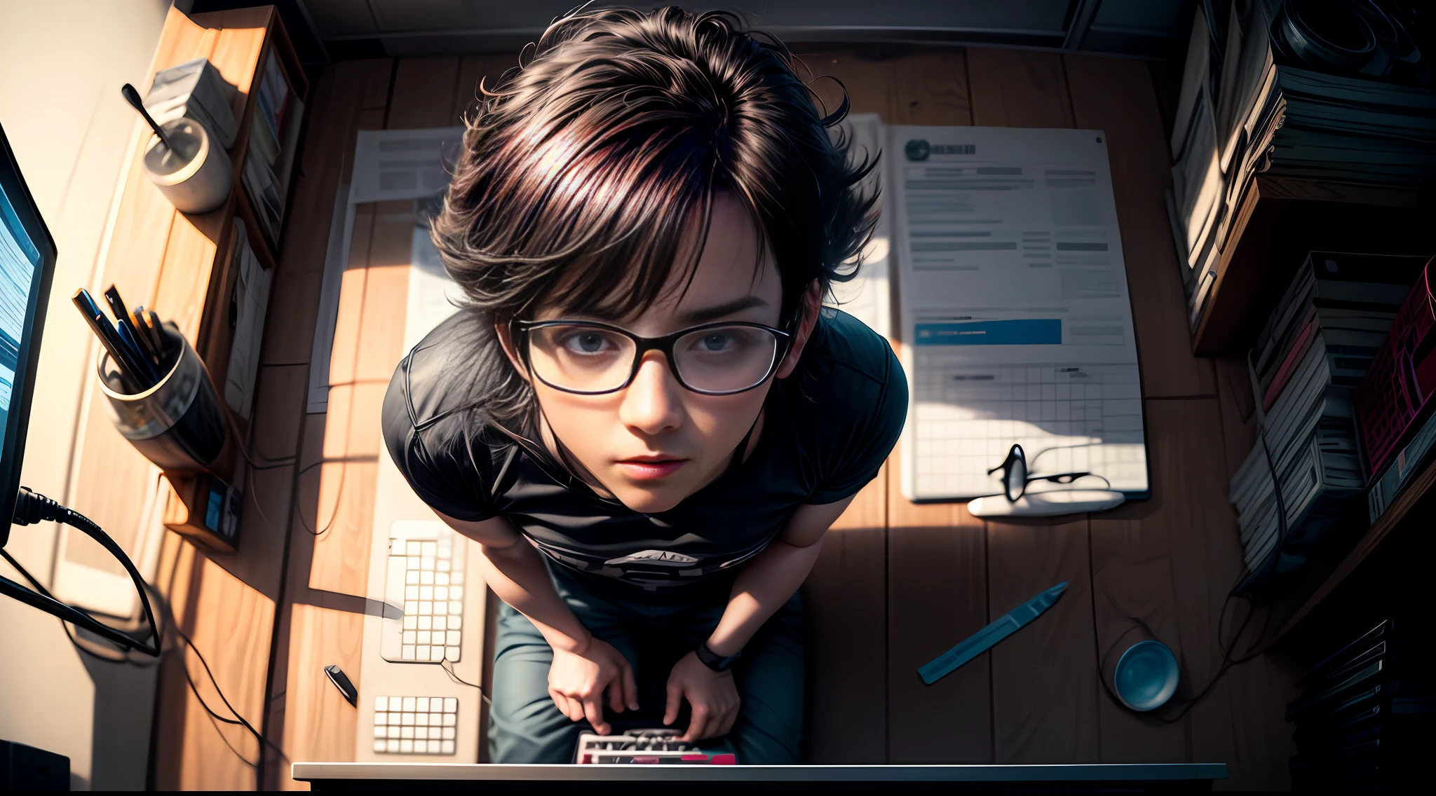 Top view. Nerd very thin man, uggly, t-shirt, typing in a keyboard laptop, Big glasses, sitting, detailed eyes, detailed face, inside his lab,
, crazy scene from a movie, dramatic shooting angle, atmospheric particles,
Real, raw cinematic photorealism, action portrait, 8k, detailed, centered, full frame