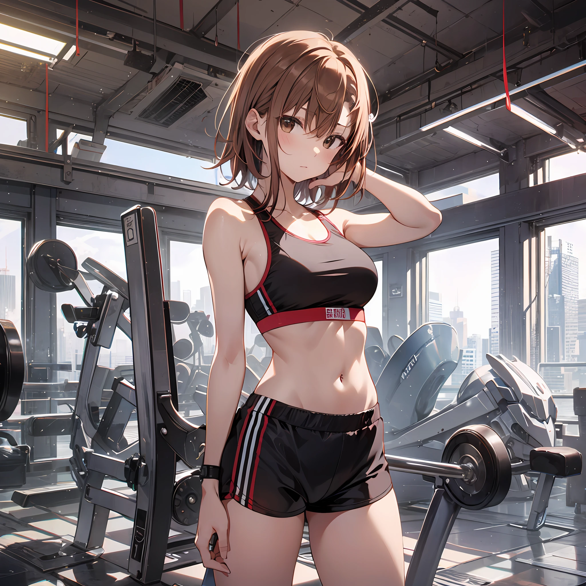 A masterpice, 4K, of the best quality, Misaka_mikoto　ribbon from, Sports Bra, Latex Shorts, are standing, arms folded,、cool expression　Beautiful gym, brown-eyed, Short_hair, Small_Breast, looking at the viewers