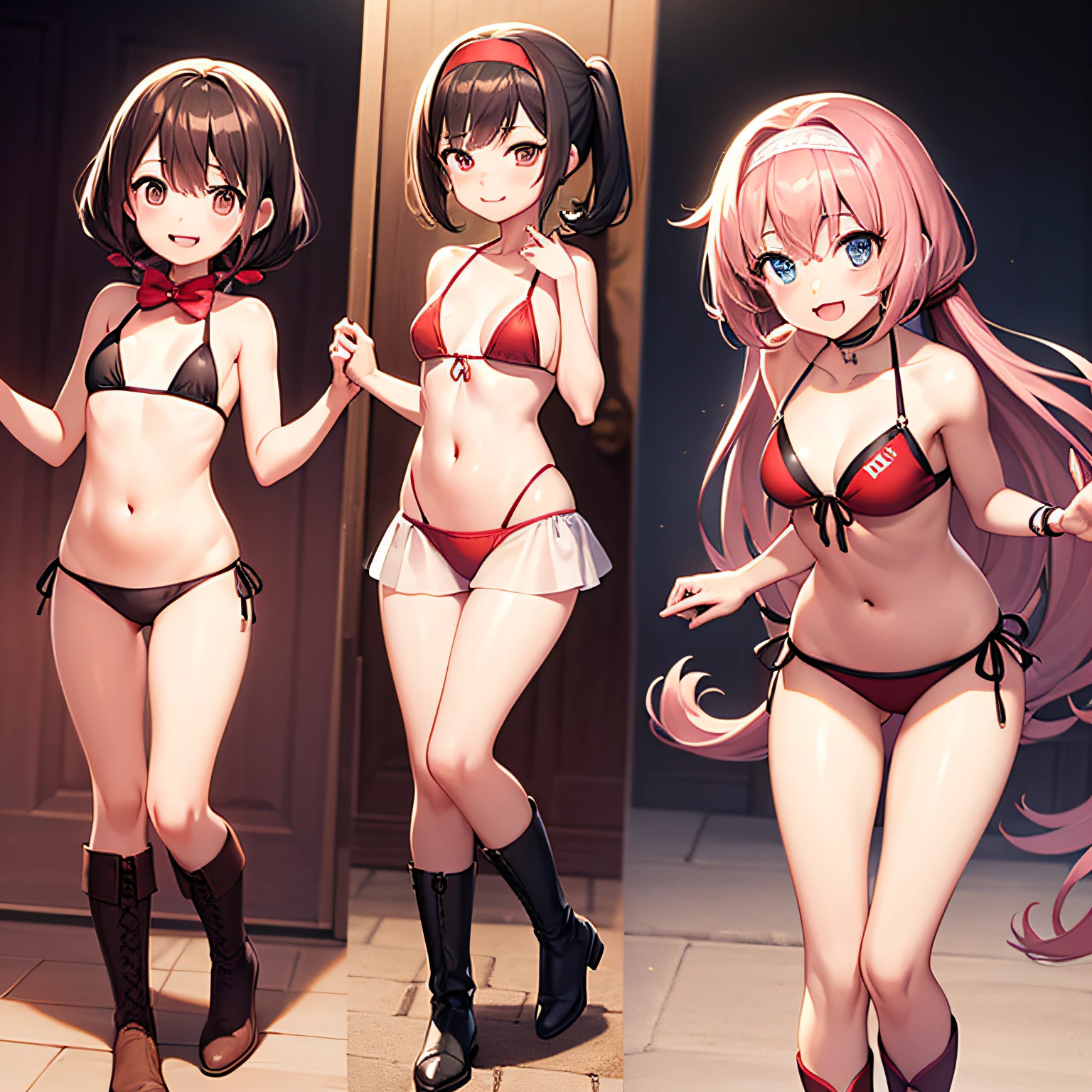 best quality、an extremely delicate and beautiful、((One person))、、(Dark hair)、maicro bikini、((ponie tail))、(red hairband)、(Brown boots)、red-eyed、Standing、smile on face、