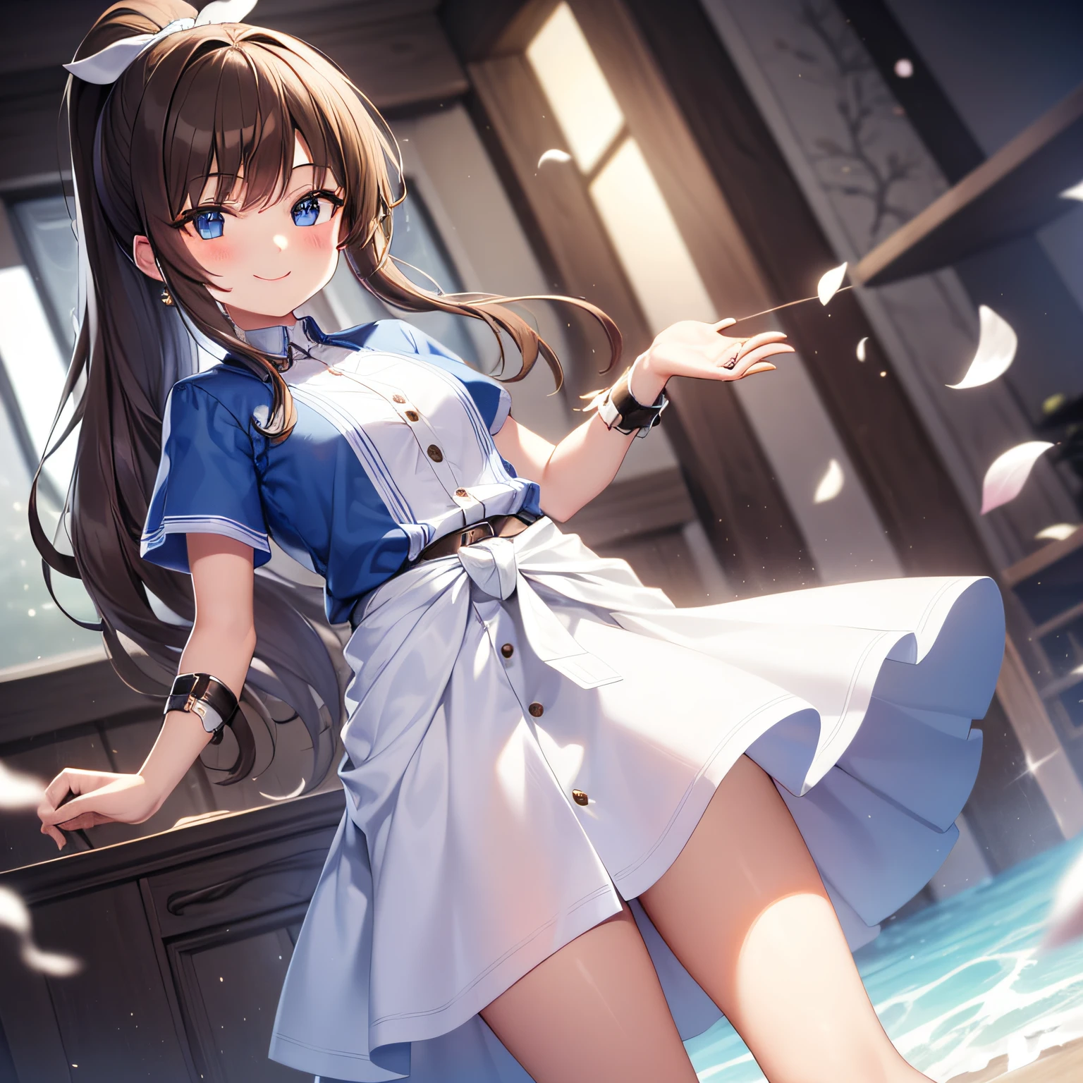 top quality, very delicate and beautiful, girl, 11 years old, (dark brown hair), blue clothes with vertical buttons, belt at the waist, white skirt, (ponytail)), (white hair band), (brown boots), blue eyes, standing, smile,
