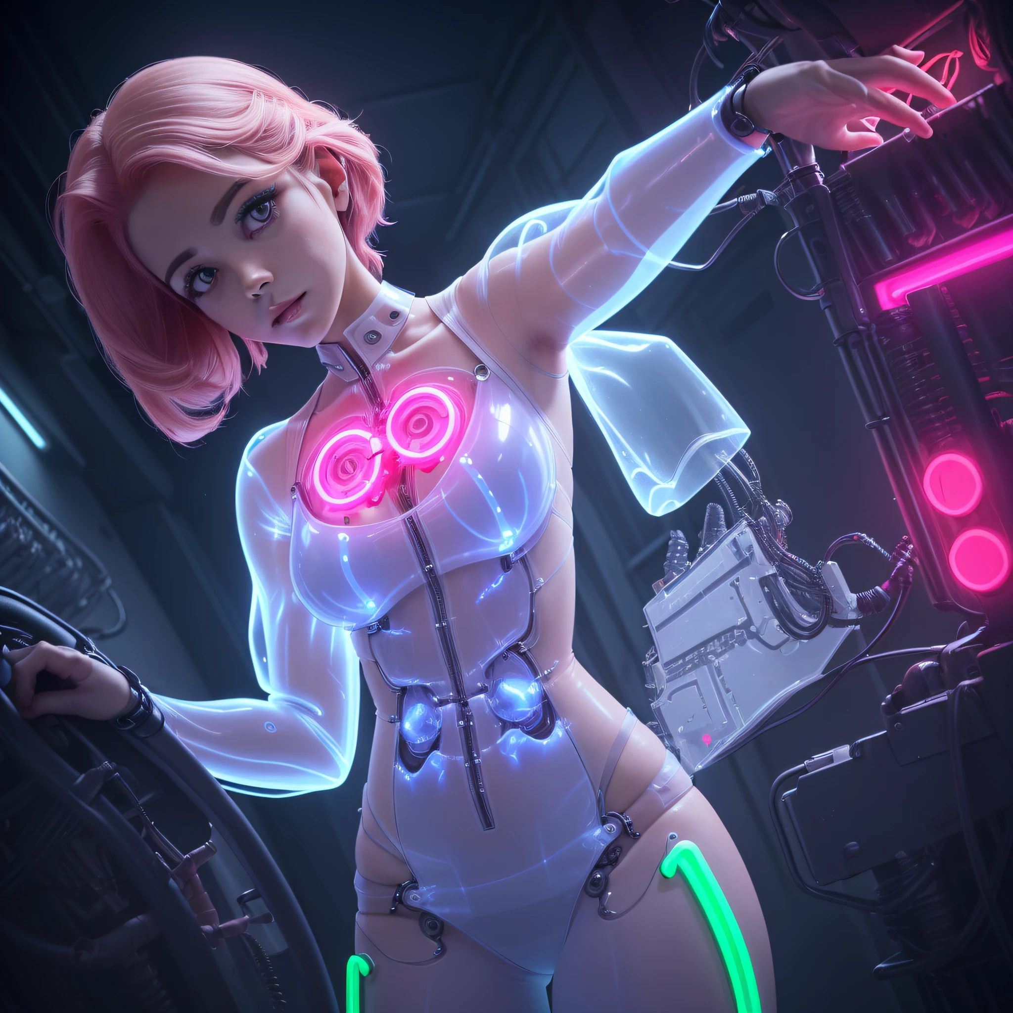 masterpiece, best quality, 1girl, translucent skin, white bodysuit, mechanical, full body shot, space,  large breasts, bone