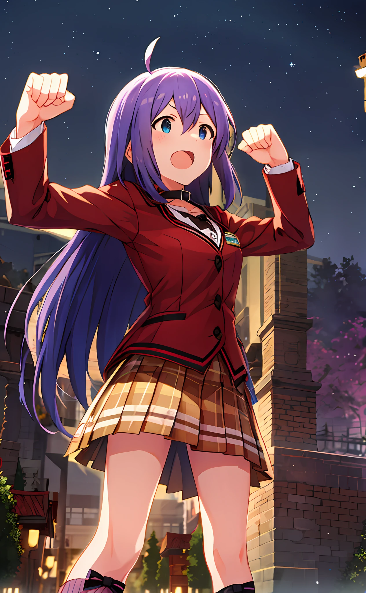 Anna Mochizuki(million live)、(of the best quality、8K、A masterpice、ultra -detailed:1.2)、 1girls, Suspender clothing.skirts.blushful, collar bone, Bow, ribbon from, blue bow.by night.night scenery.outskirts.Be proud.Despair face.Opening Mouth.raise both arm.Clench your fists.