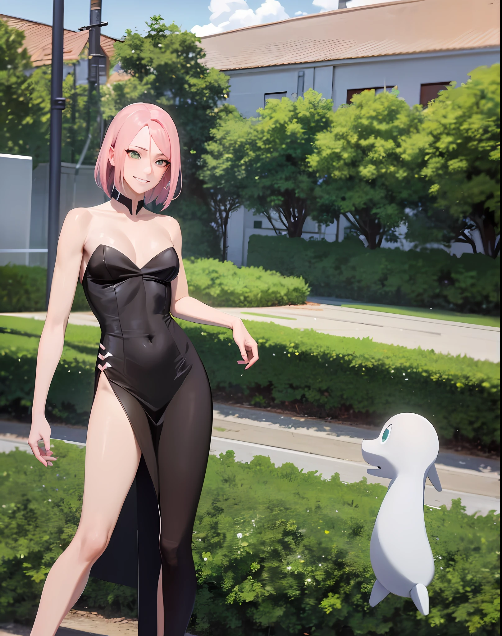 Sexy face, realista, fotorrealista, tiro de cowboy, obra-prima, absurdos, 1girl, haruno sakura, marca na testa, faixa de cabelo vermelha, vestido vermelho sem mangas, white pant, umbigo, virilha, pulseira, olhando para o espectador, sorriso, flores de cerejeira, jardim privado, vento, flutuando cabelo, seios grandes,(((quadris largos))), corpo tonificado, olhos detalhados,