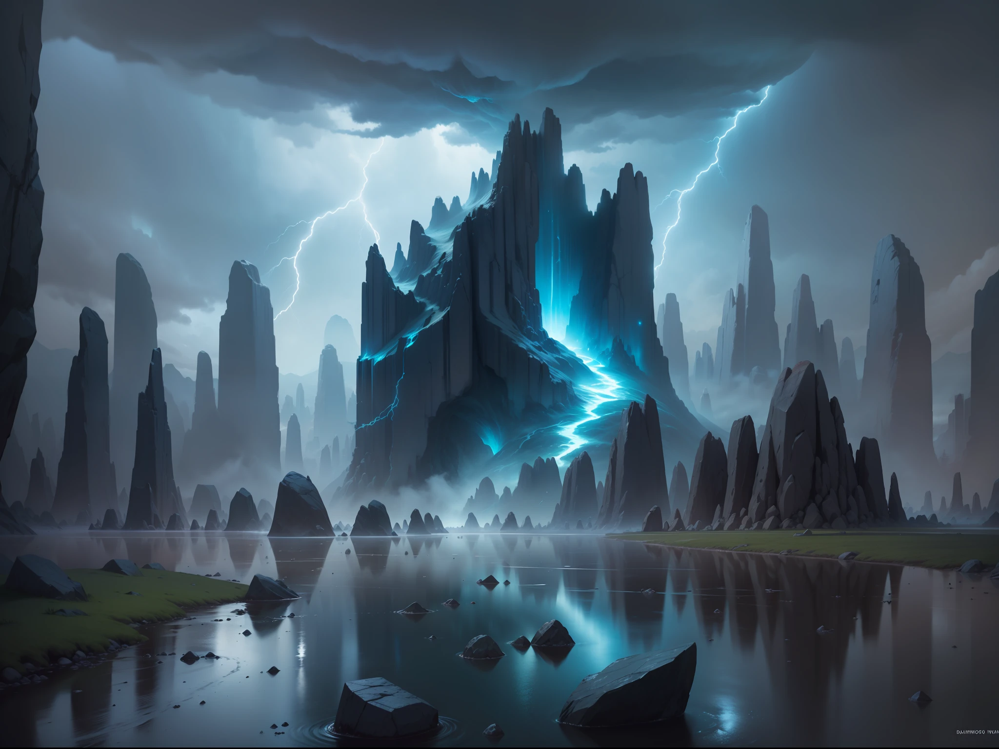 Very detailed detailed photos, ultraclear, Best image quality, highest resolution, Advanced, nmasterpiece, 16k, Ray tracing, Particle light，, A mysterious continent，A bizarre portal，(In the background is a huge stone forest)，Lightning and thunder in the sky，Next to it is the rushing river，A group of elemental creatures live here