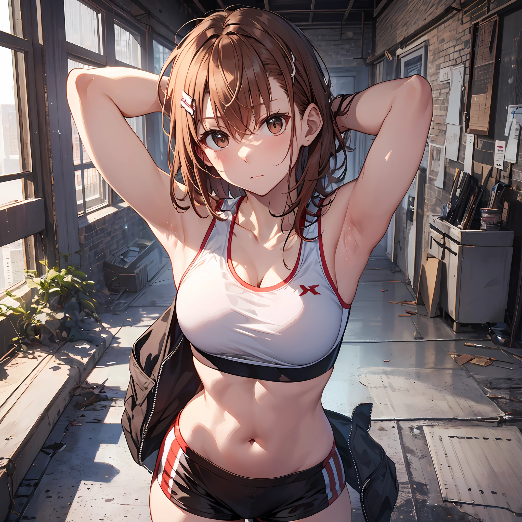 A masterpice, 4K, of the best quality, Misaka_mikoto　ribbon from, Sports Bra, Latex Shorts, are standing, arms folded,、cool expression　Beautiful gym, brown-eyed, Short_hair, Small_Breast, looking at the viewers