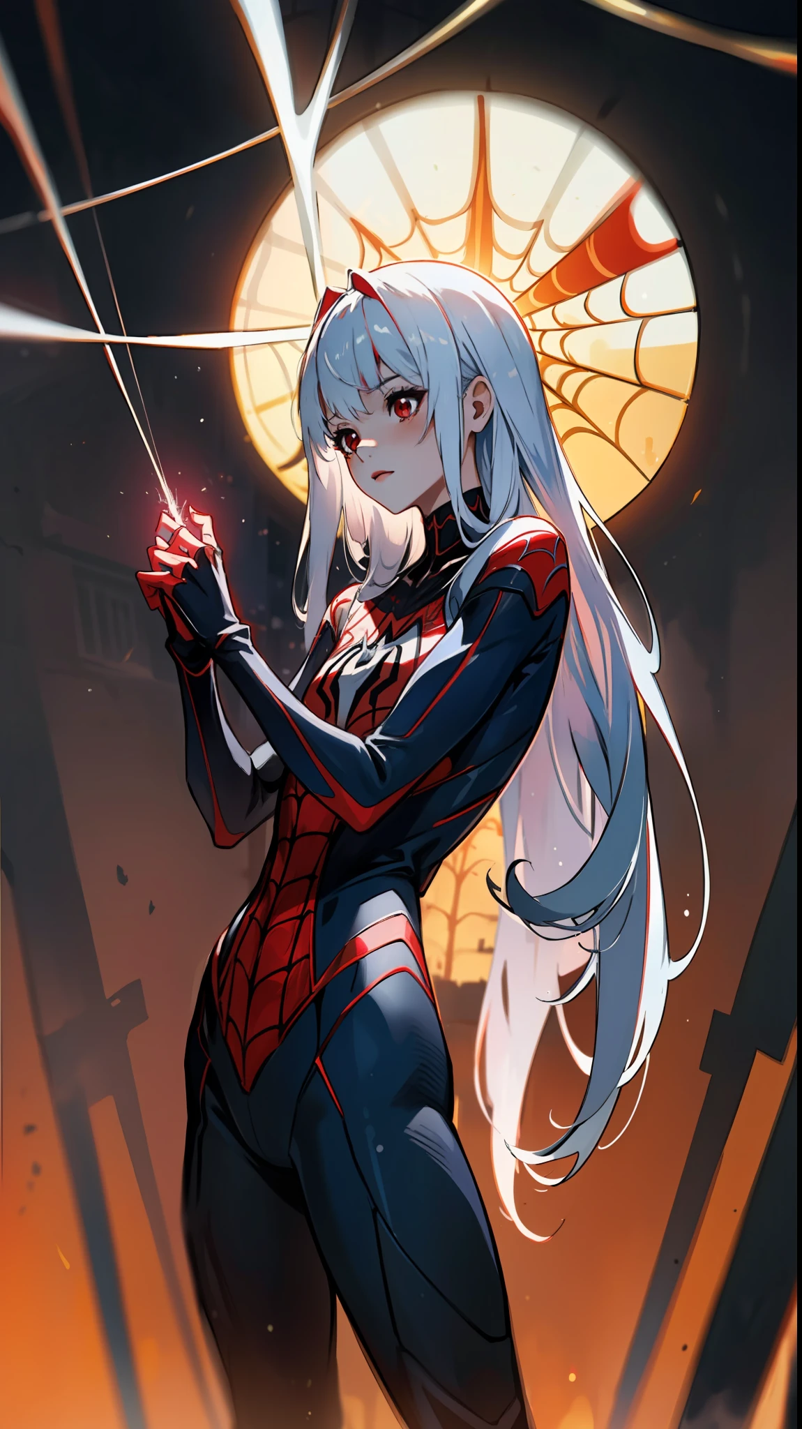 (masterpiece, best quality),  intricate details, 8k, artstation, wallpaper, official art, splash art, sharp focus,
1girl,  Nakiri Ayame, long hair, twintails,  red eyes, white hair, 
 spider suit, spider web print, spider web,  
skyscrappers, city, buildings, cars, street,