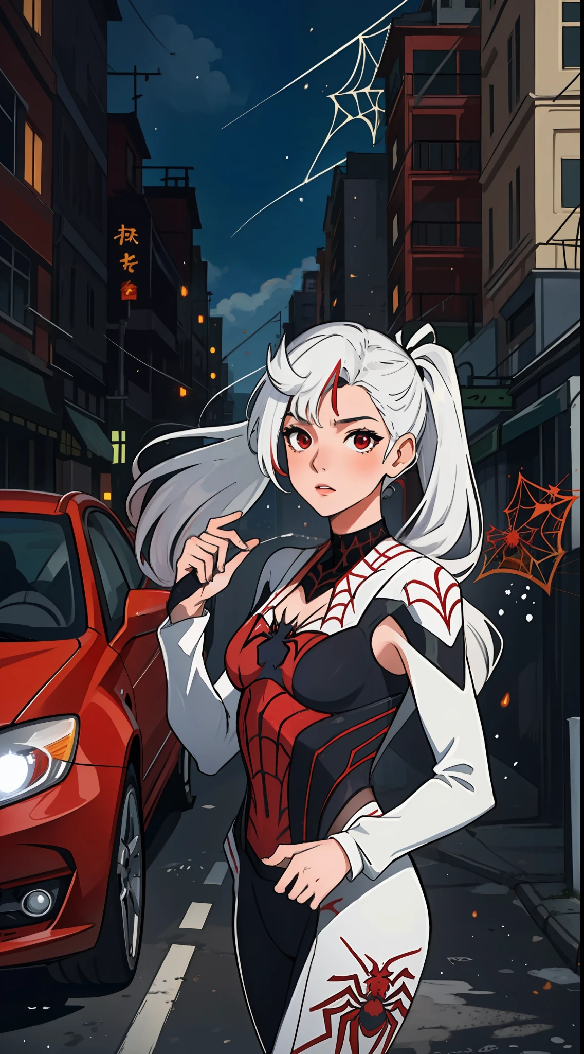 (masterpiece, best quality),  intricate details, 8k, artstation, wallpaper, official art, splash art, sharp focus,
1girl,  Nakiri Ayame, long hair, twintails,  red eyes, white hair, 
 spider suit, spider web print, spider web,  
skyscrappers, city, buildings, cars, street,