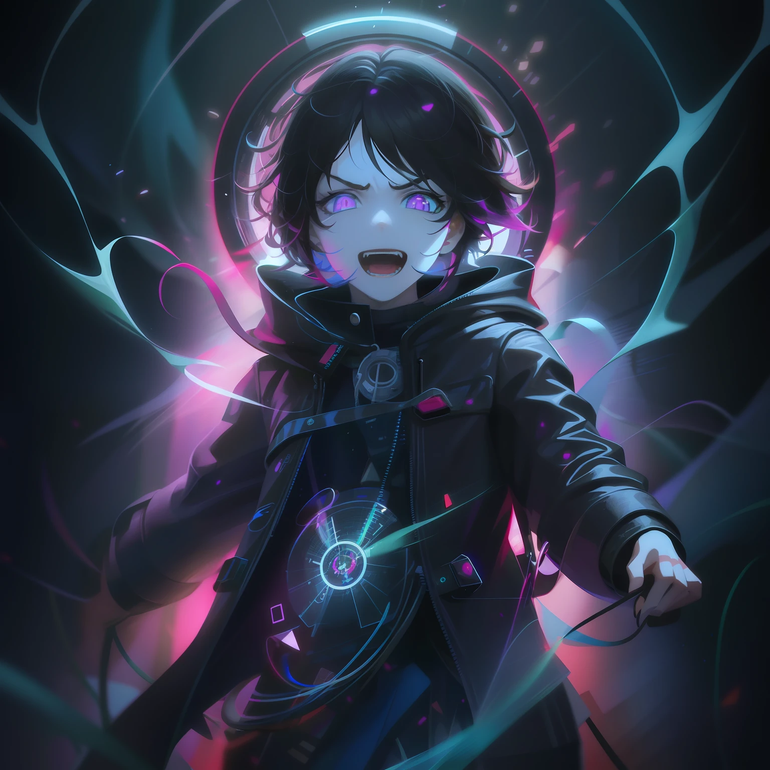 Anime, a boy with a black coat and a glowing ring around his neck, Beeple and Jeremiah Ketner, darksynth character portrait, epic fantasy digital art style, dark cyberpunk illustration, epic digital art illustration, dark but detailed digital art, style hybrid mix of beeple, painted in the style arcane, greg beeple、Maniac look、scream out、Petrifying、frustrated