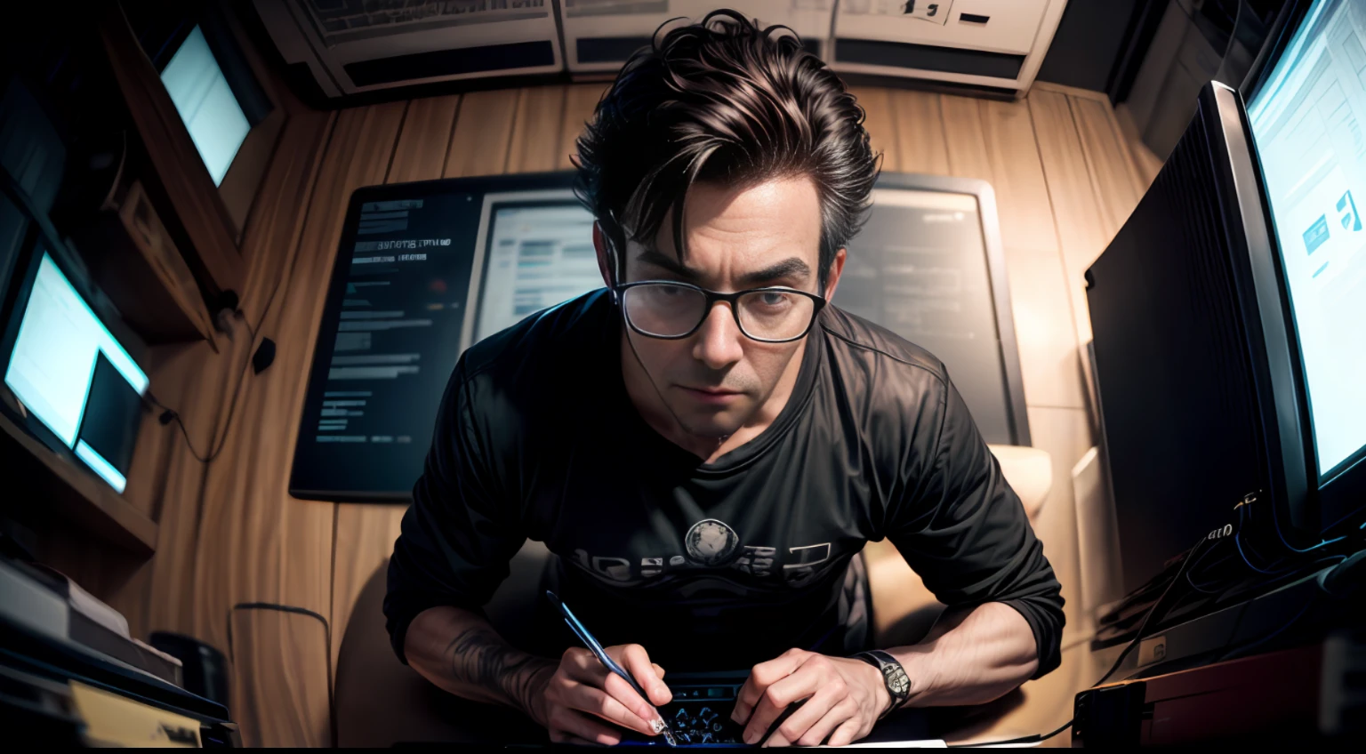Top view. Nerd very thin man, uggly, t-shirt, typing in a keyboard laptop, Big glasses, sitting, detailed eyes, detailed face, inside his lab,
, crazy scene from a movie, dramatic shooting angle, atmospheric particles,
Real, raw cinematic photorealism, action portrait, 8k, detailed, centered, full frame