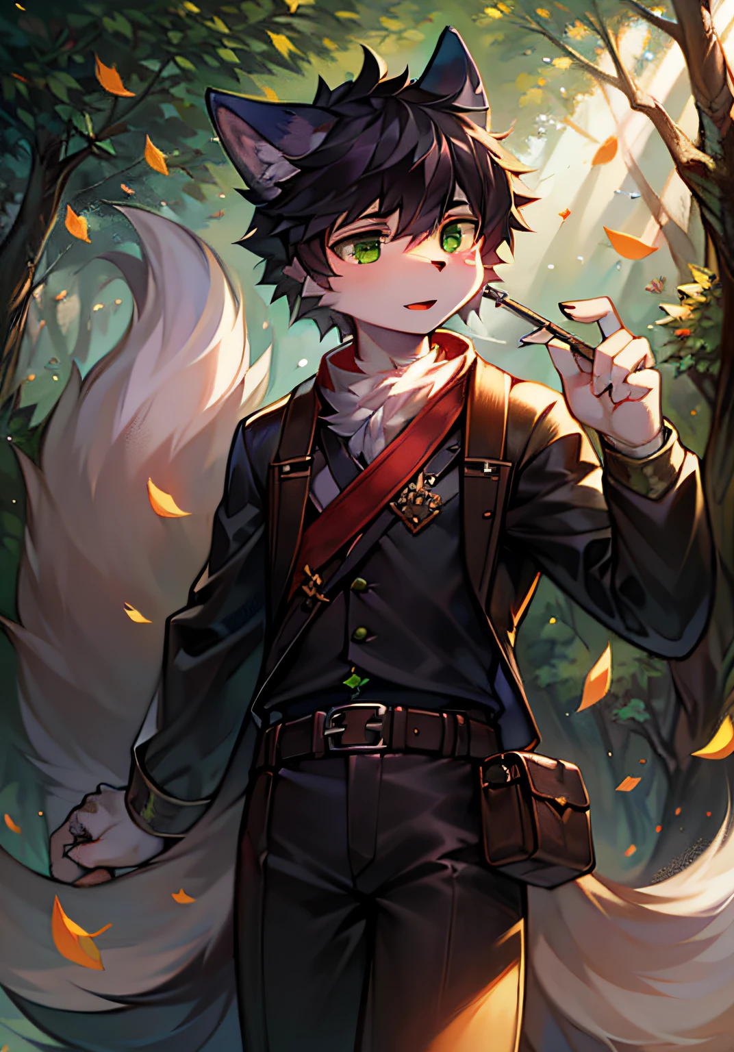 With high quality、Beautiful drawing of a loyal dog and a young man in delicate depiction。1 young man 18 years old、Green eyes、Black short hair、Wearing full-body fur、Male focus with fluffy tail。Falling leaves、Wood、green forest、Light shining through、Wolf smoke、Shading with an emphasis on the breeze。Cool and cool young male hunter outfit。