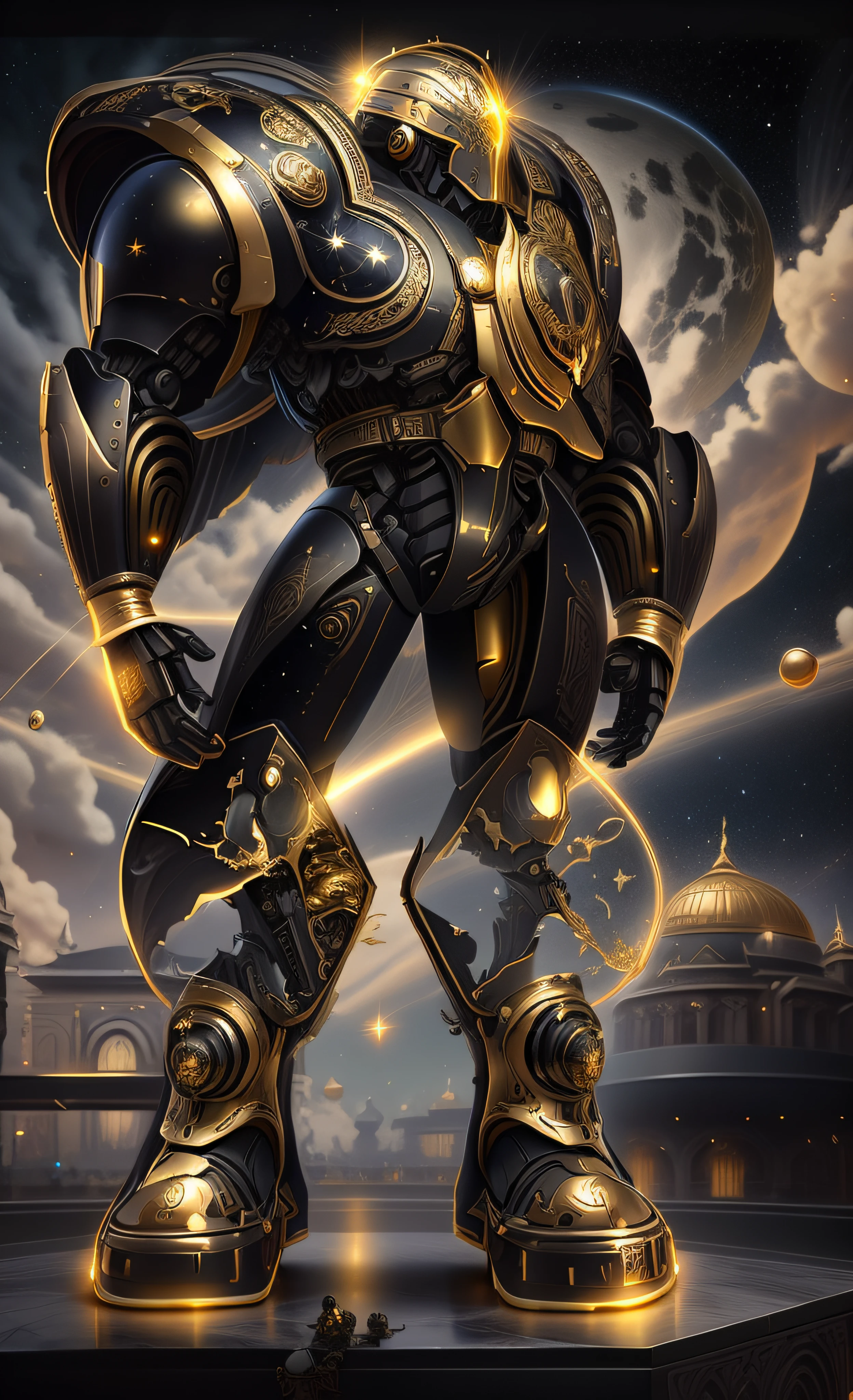 there is a robot that is standing in front of a building, Corpo de Deus Hindu Ciborgue, Um enorme deus gigante celestial, templo hindu cybertronic, Deus grego no estilo mecha, Zenyatta de Overwatch, Armadura obsidiana de ouro pesado, Imperador do universo conhecido, detailed cosmic angelic robot, Armadura Obsidiana de Ouro, baroque marble and gold in space