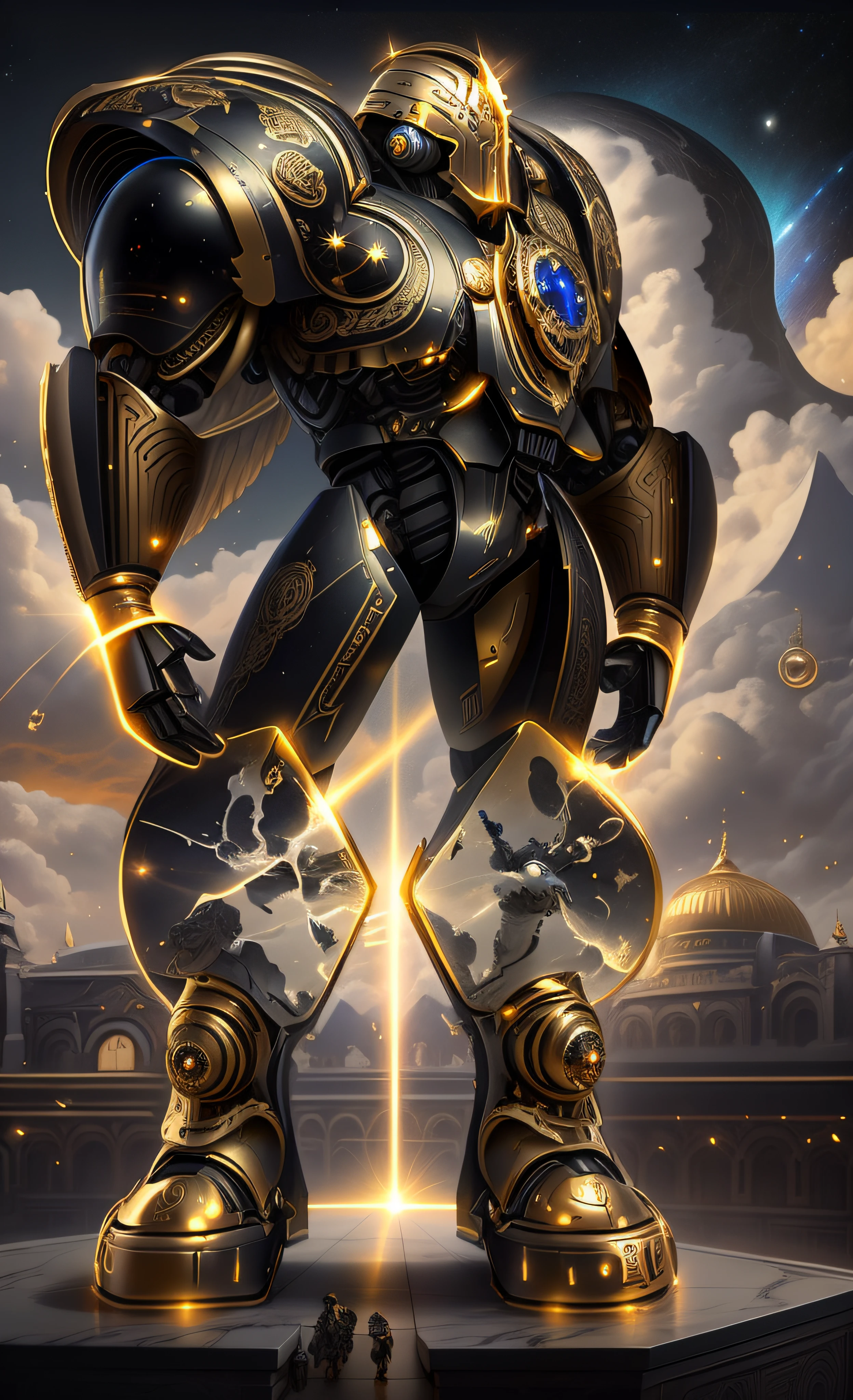 there is a robot that is standing in front of a building, Corpo de Deus Hindu Ciborgue, Um enorme deus gigante celestial, templo hindu cybertronic, Deus grego no estilo mecha, Zenyatta de Overwatch, Armadura obsidiana de ouro pesado, Imperador do universo conhecido, detailed cosmic angelic robot, Armadura Obsidiana de Ouro, baroque marble and gold in space