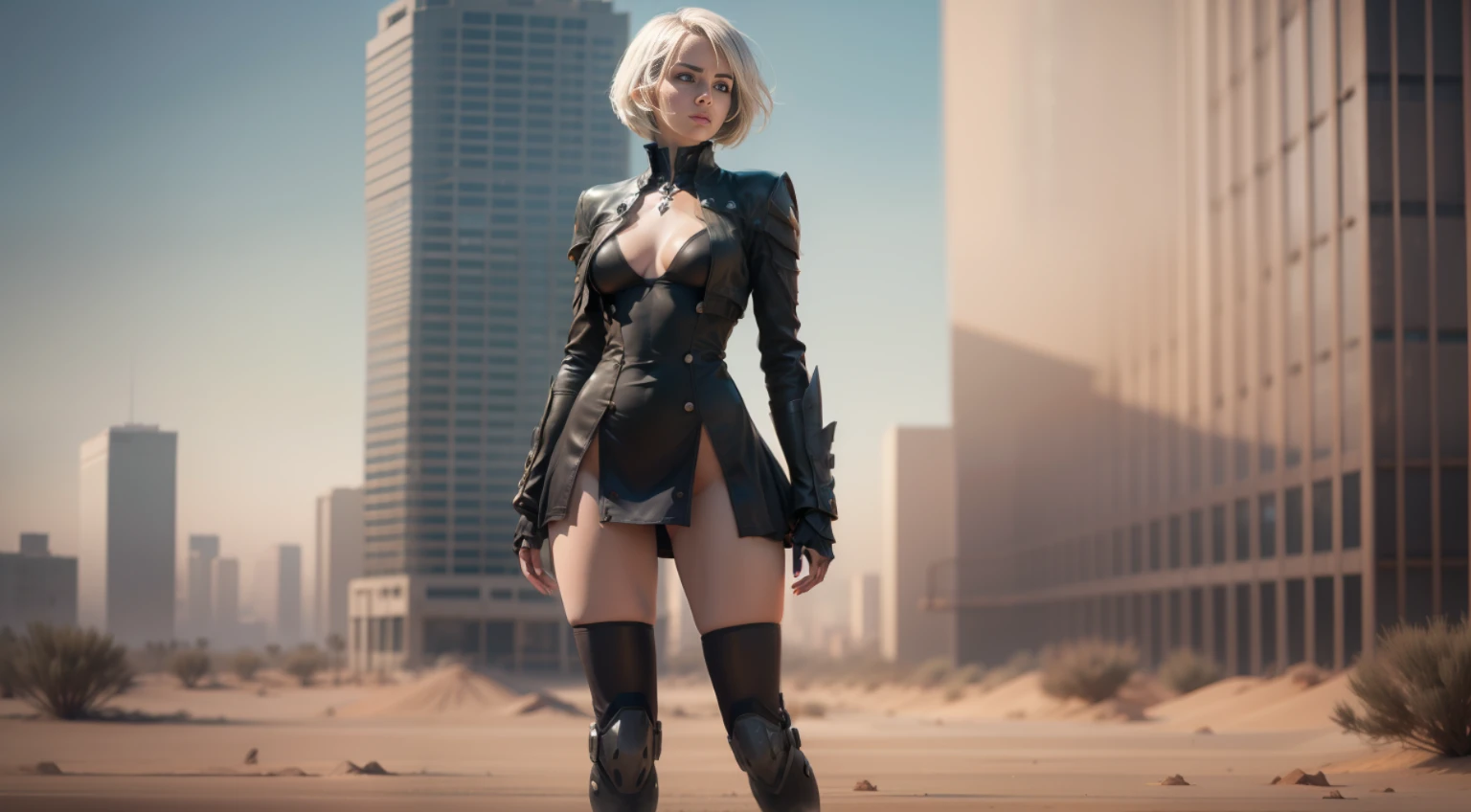2b de Nier Automata con falda muy corta, sin sujetador, Vestido minimalista, realistic style in a desert post apocalyptic city, NSFW ((obra maestra:1.2, La mejor calidad)), cyberpunk, Symmetrical Side View Symmetry Full Body Focus Very Sharp Realistic Award-Winning Hyper Realistic Cinematic Lighting Girl, ciborg, robot, (25yrs)