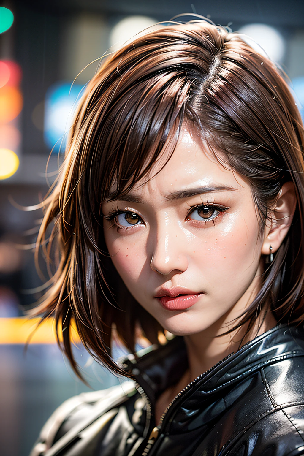 1girl, Tokyo street,night, cityscape,city lights, upper body,close-up, 8k, RAW photo, best quality, masterpiece,realistic, photo-realistic