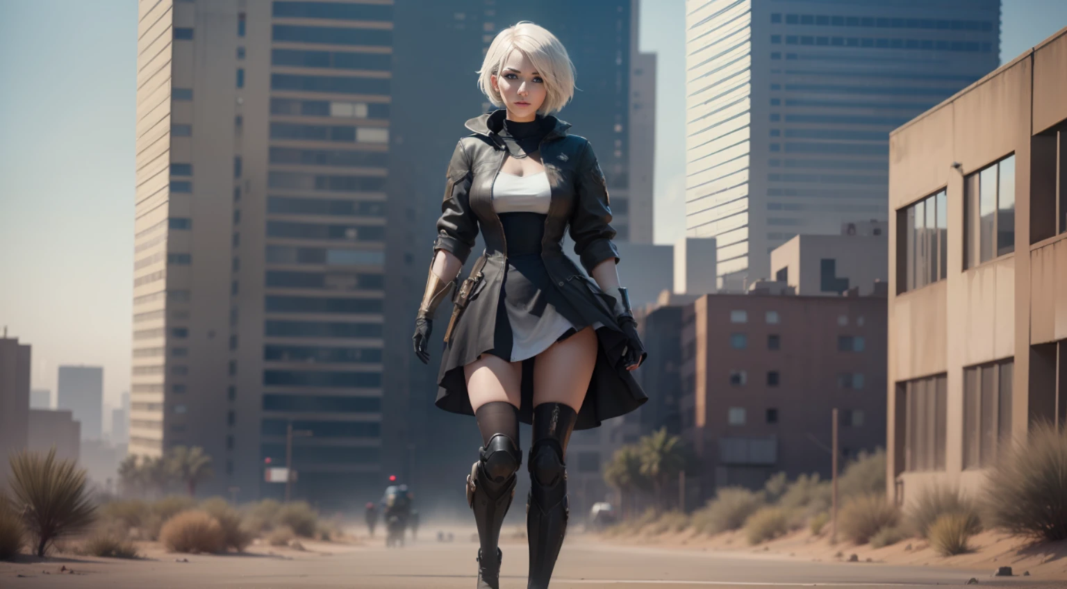 2b de Nier Automata con falda muy corta, sin sujetador, Vestido minimalista, realistic style in a desert post apocalyptic city, NSFW ((obra maestra:1.2, La mejor calidad)), cyberpunk, Symmetrical Side View Symmetry Full Body Focus Very Sharp Realistic Award-Winning Hyper Realistic Cinematic Lighting Girl, ciborg, robot, (25yrs)