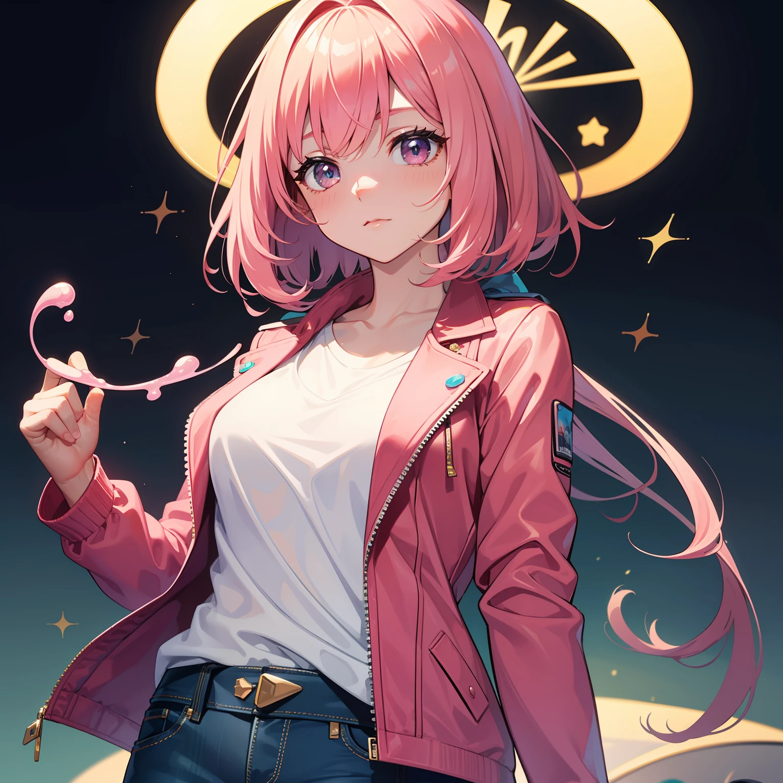 ((masterpiece)), best quality, ultra-detailed, a beautiful and delicate slime girl (mulher slime) with smooth pink hair and skin, wearing jeans and a pink jacket.