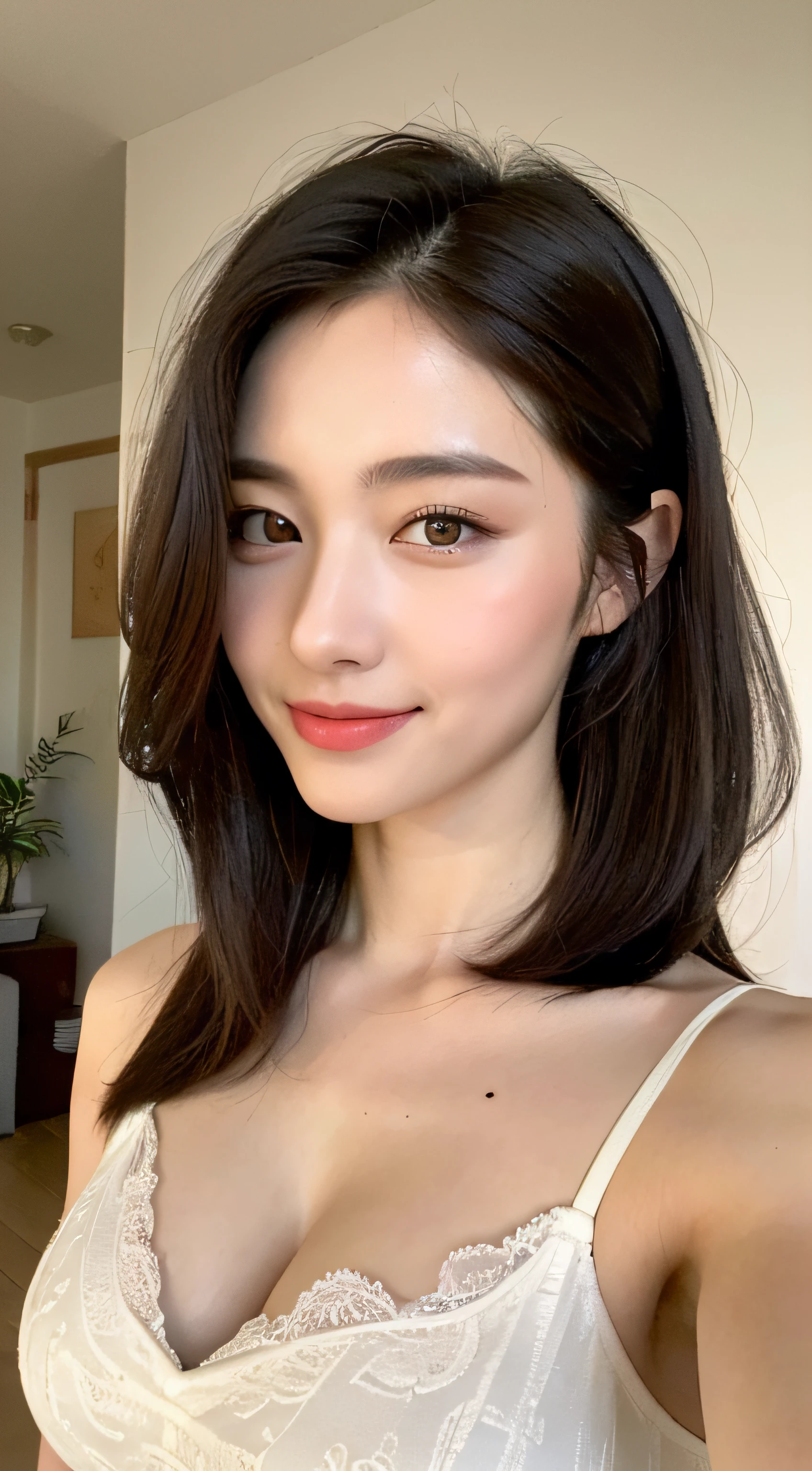 ((Best quality, 8k, Masterpiece :1.3)), 1girl, beautiful woman with emphasis on slim abs: 1.3, (casual hairstyle, big breasts: 1.2), casual wear: 1.2, interior, ultra-detailed face, delicate eyes, double eyelids, soft breasts, smile, exposed cleavage