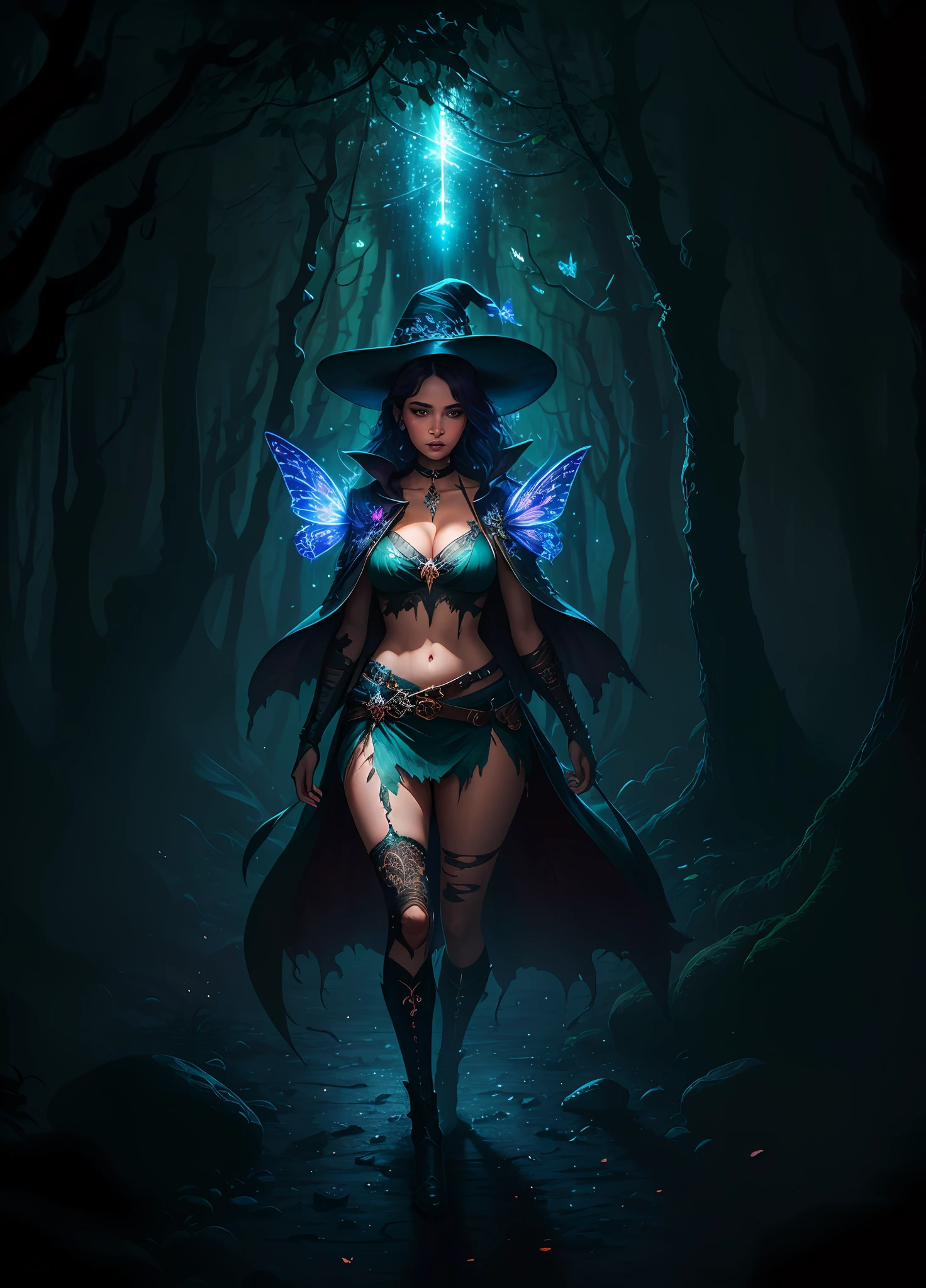 sexy full shot body photo of the most beautiful artwork in the world, illustration, cinematic light, fantasy, highres, highest quallity, ultra detailed,  best quality, masterpiece, (detailed face), sexy mature woman wears a shirt and (torn) fullbody (transparent galaxy) cloths coat, floating cloth, choker, glowing (elder underworld fantasy) forest plants with neon details, open shoulders, tiny glowing butterfly, hair jewery, wearing a torn witch hat, (focus on body:1.25), night, small mutated animals in background, torn mini skirt ,a potion on hip, shoulder pads emitting magic energy, cameltoe, dark, light reflection