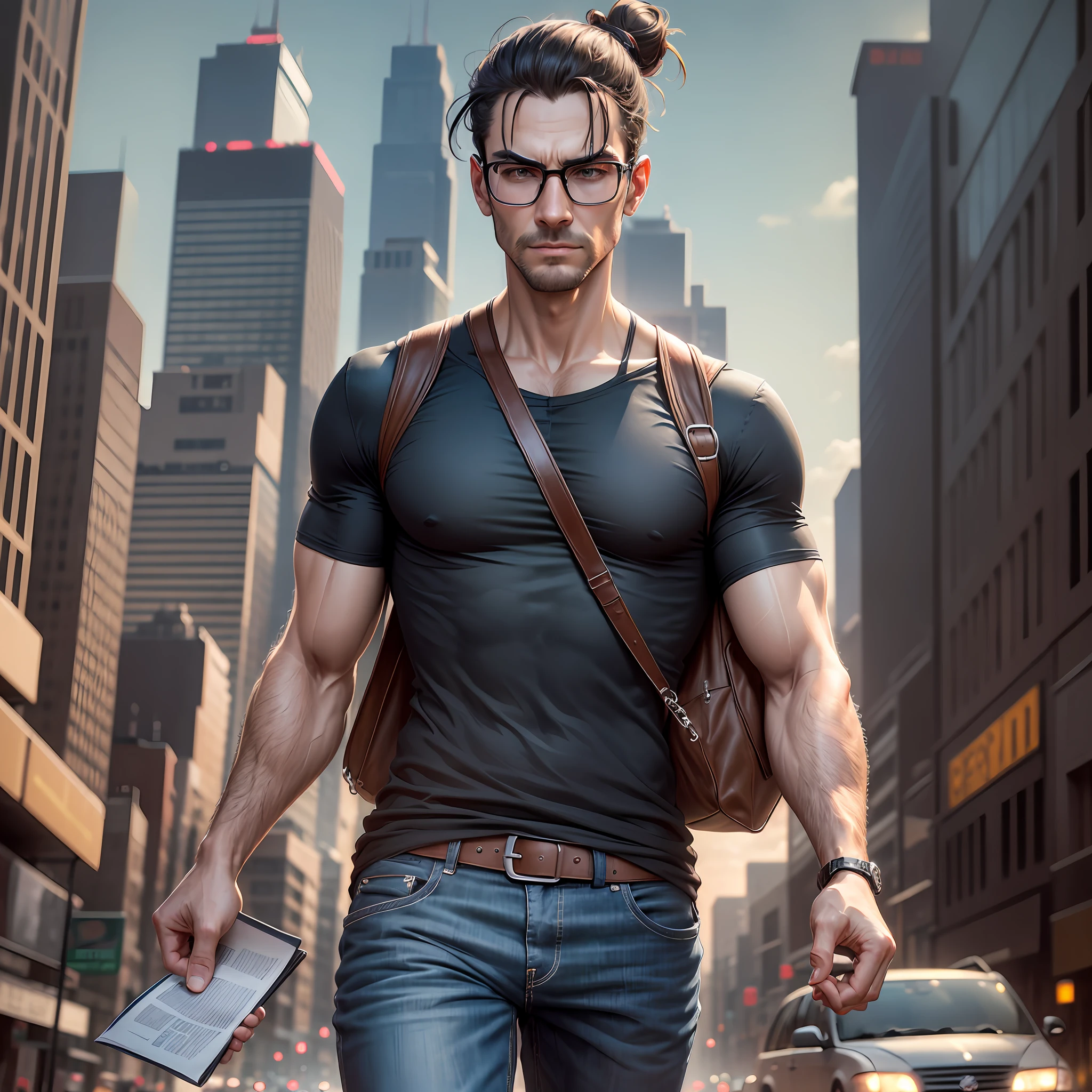 Tall man with athletic body, short hair and topknot, dark, wearing glasses, with research magnifying glass in hand running through the chaotic city in the background, with books in his hands and Indiana Jones bag on the side, dress in a basic black T-shirt, dark blue jeans, wearing black all-star sneakers. Daylight, morning, high quality, photo control and 25% bronze filter throughout the image. --auto --s2