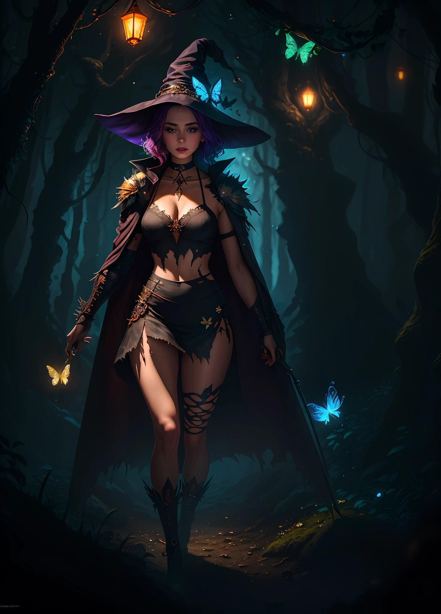 sexy full shot body photo of the most beautiful artwork in the world, illustration, cinematic light, fantasy, highres, highest quallity, ultra detailed,  best quality, masterpiece, (detailed face), sexy mature woman wears a shirt and (torn) fullbody (transparent galaxy) cloths coat, floating cloth, choker, glowing (elder underworld fantasy) forest plants with neon details, open shoulders, tiny glowing butterfly, hair jewery, wearing a torn witch hat, (focus on body:1.25), night, small mutated animals in background, torn mini skirt ,a potion on hip, shoulder pads emitting magic energy, cameltoe, dark, light reflection