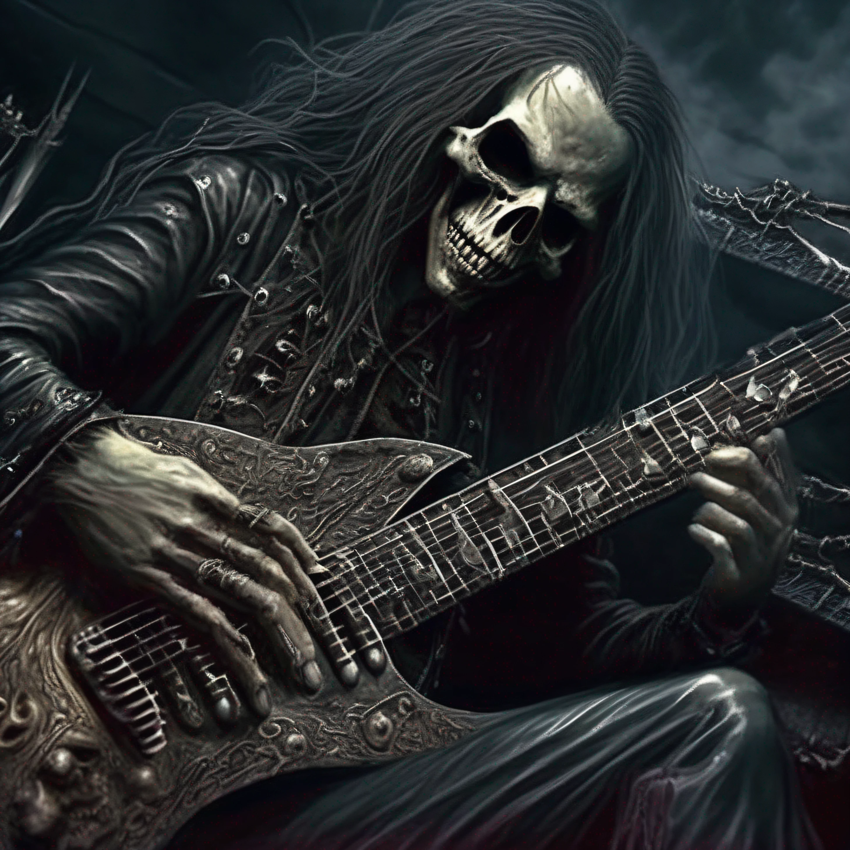 um close up de uma pessoa segurando uma guitarra com um raio ao fundo, Ceifador da Noite!!!!, estilo de arte heavy metal, guitarras malvadas, arte em heavy metal, Ceifador Punk Grim, just art for dark metal music, Deus da morte, guitarrista, Morte, Deus masculino bonito da morte, O Ceifador Sombrio, death metal, estilo black metal, Rei do Ceifador do Tempo