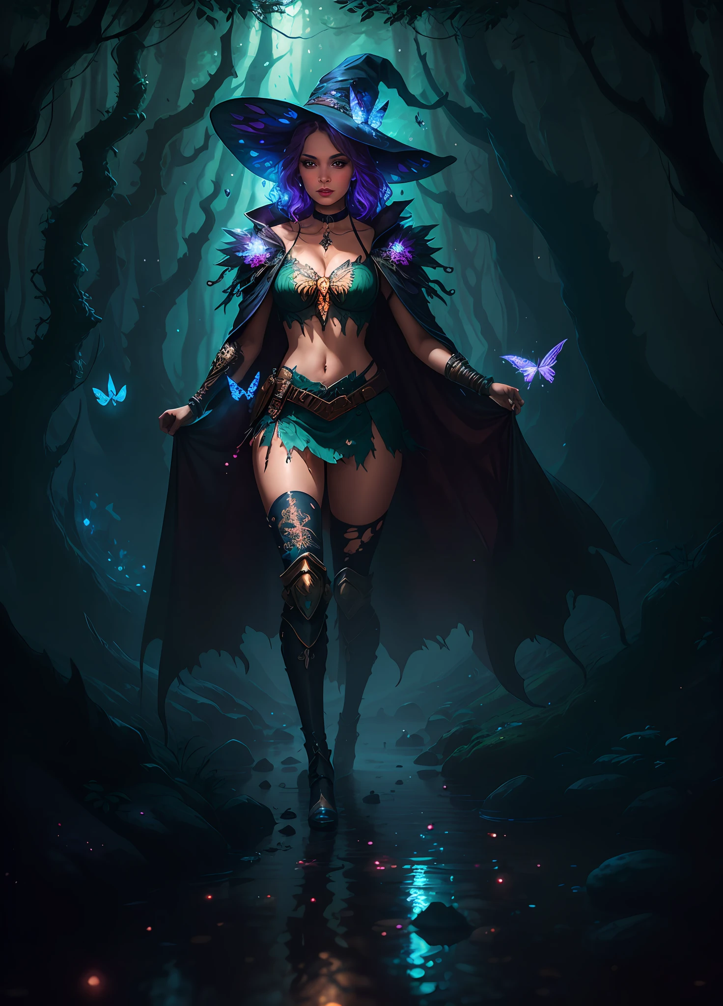 sexy full shot body photo of the most beautiful artwork in the world, illustration, cinematic light, fantasy, highres, highest quallity, ultra detailed, best quality, masterpiece, (detailed face), sexy mature woman wears a shirt and (torn) fullbody (transparent galaxy) cloths coat, floating cloth, choker, glowing (elder underworld fantasy) forest plants with neon details, open shoulders, tiny glowing butterfly, hair jewery, wearing a torn witch hat, (focus on body:1.25), night, small mutated animals in background, torn mini skirt ,a potion on hip, shoulder pads emitting magic energy, cameltoe, dark, light reflection
